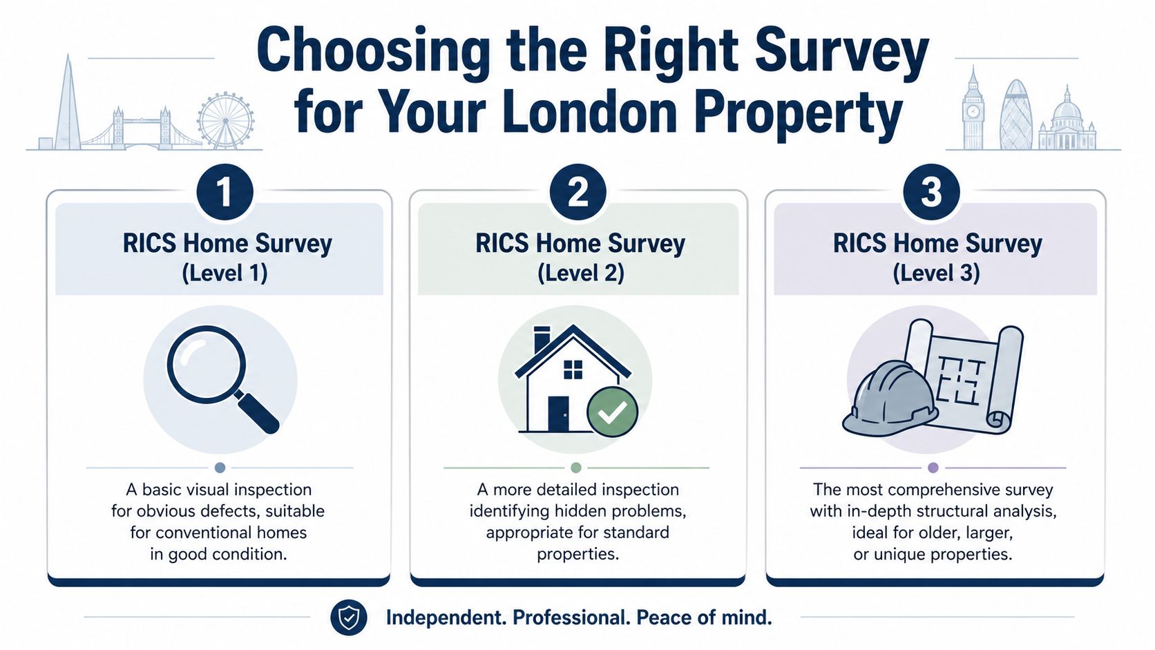 An infographic illustrating three different levels of RICS home surveys for property buyers in London.