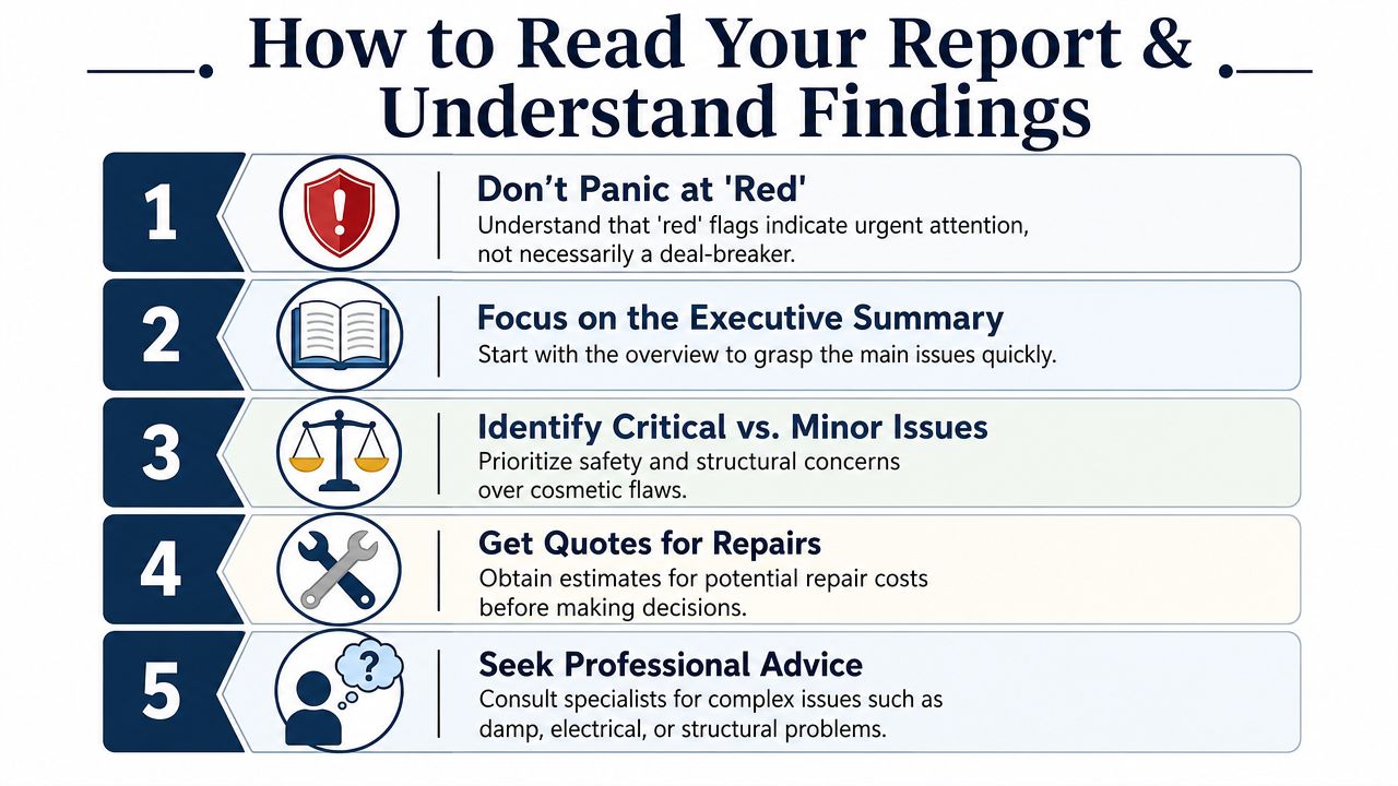 An infographic titled How to Read Your Report, outlining five steps for understanding property inspection findings.