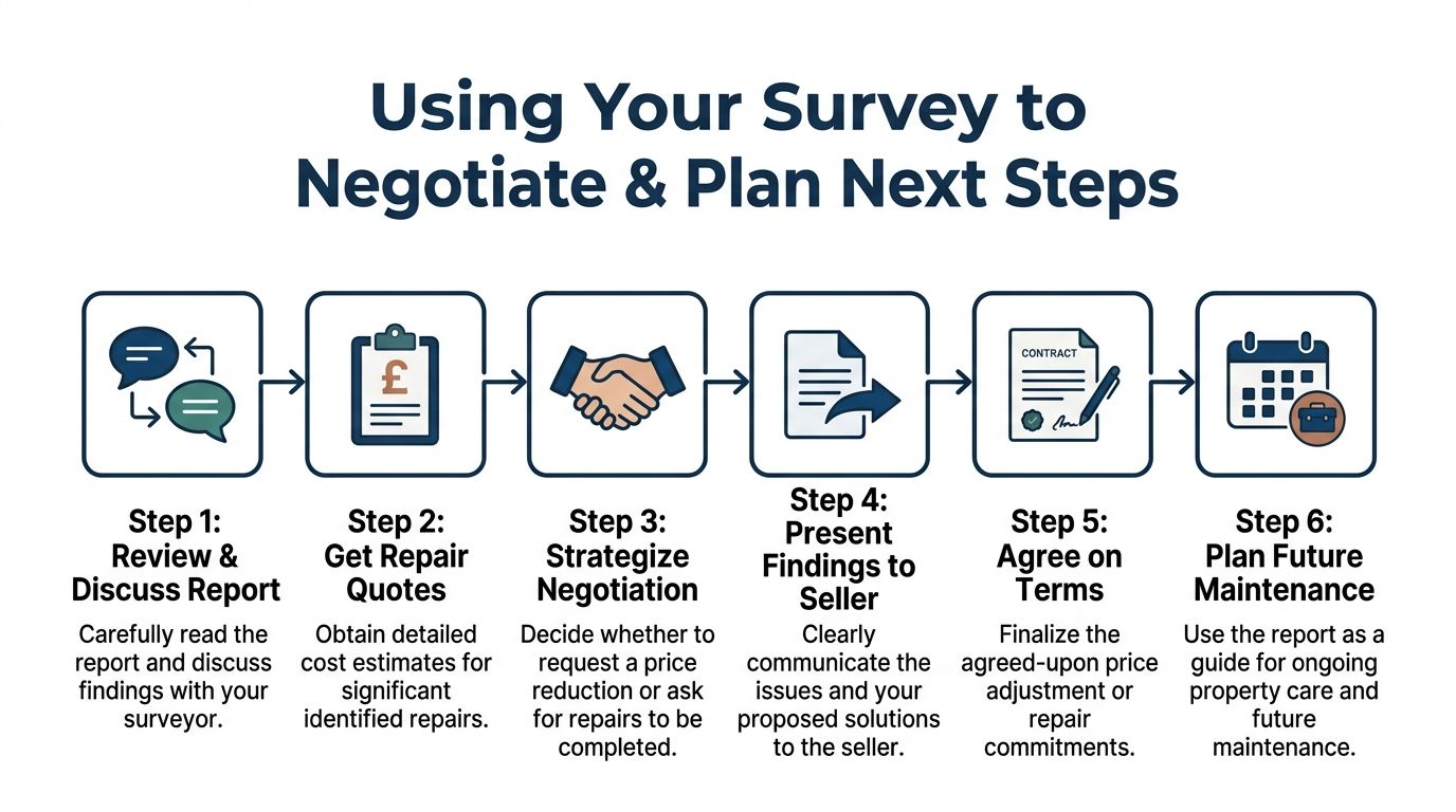 A six-step infographic illustrating how to use a property survey report for negotiation and future maintenance planning.