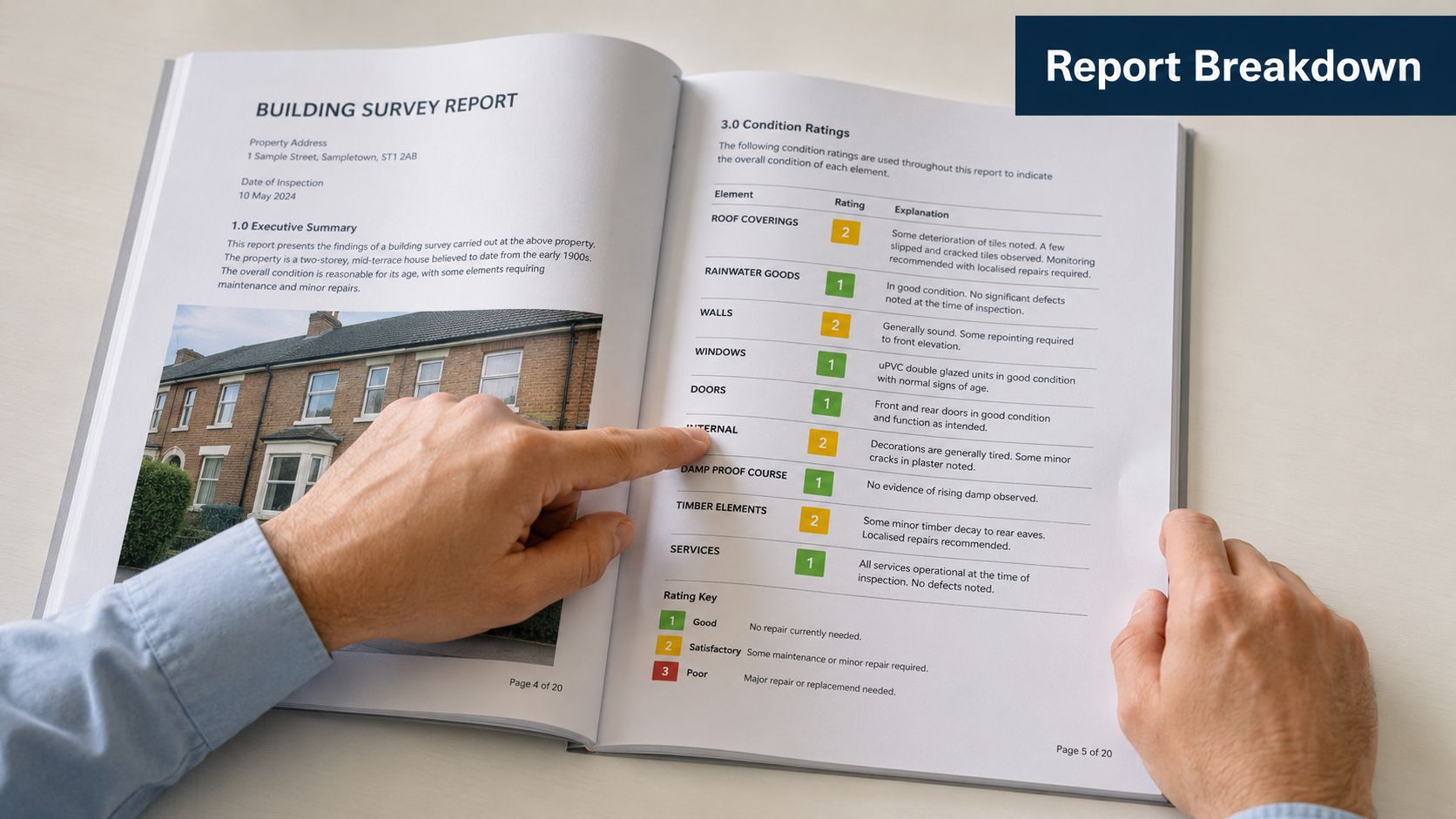 A person reviewing a detailed building survey report document highlighting property condition ratings on page five.