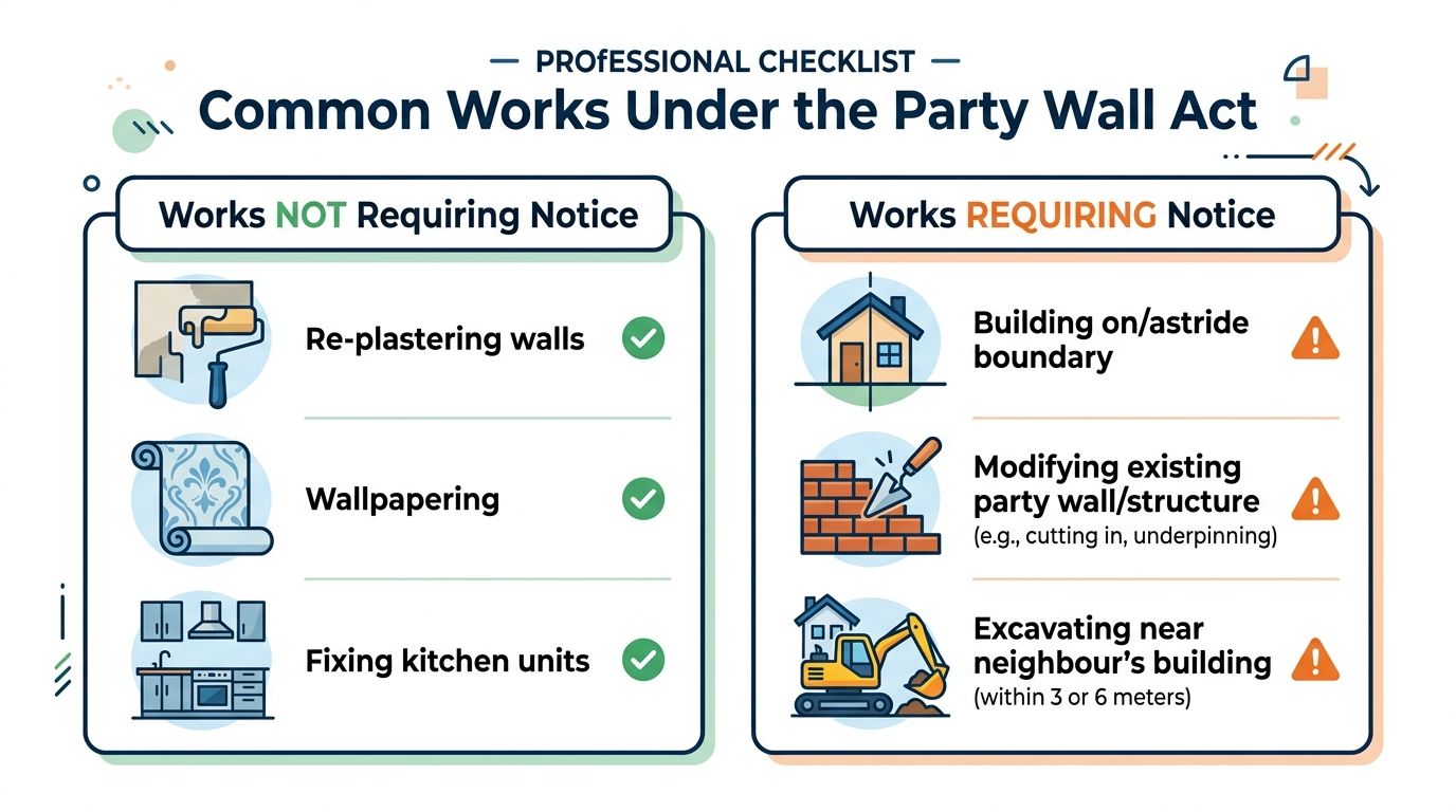 A professional checklist infographic detailing which home improvement projects do and do not require a party wall notice.