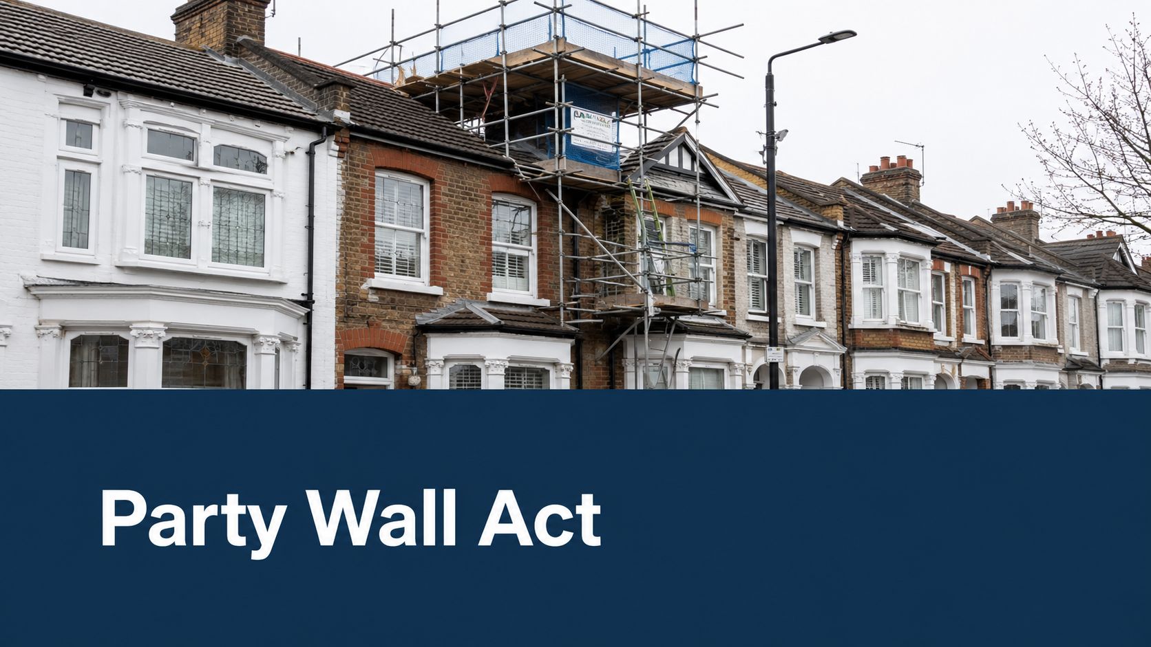 A row of London terraced houses with scaffolding on one roof, featuring the text Party Wall Act.