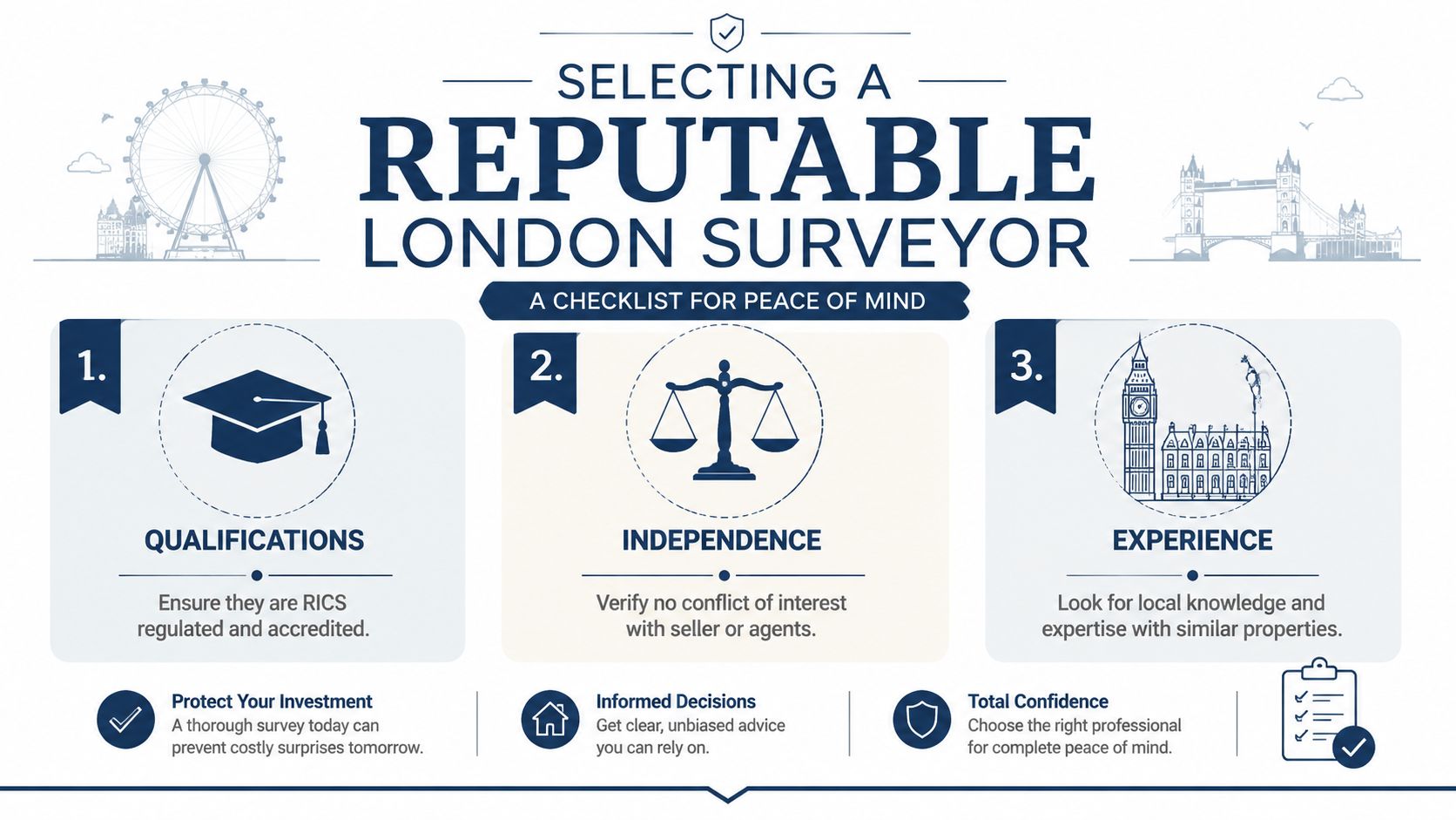An infographic checklist for selecting a reputable London surveyor when buying a residential property.