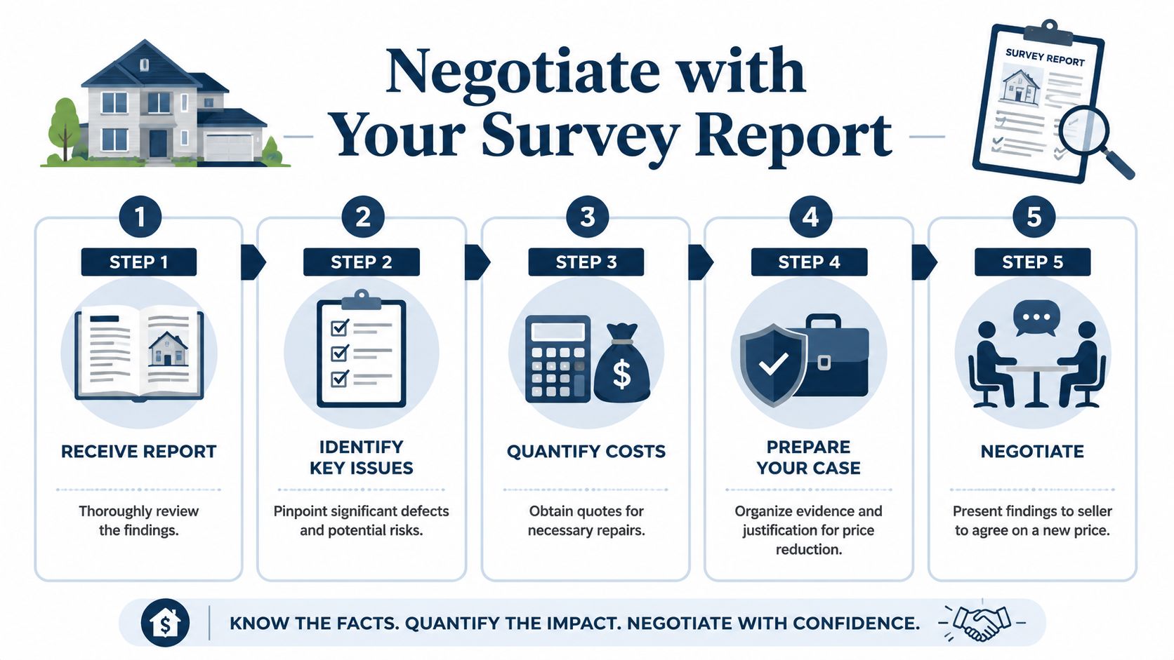 A five-step infographic guide on how to negotiate a lower house price using a property survey report.