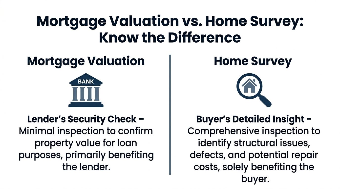 A comparison chart highlighting the key differences between a mortgage valuation and a home survey.