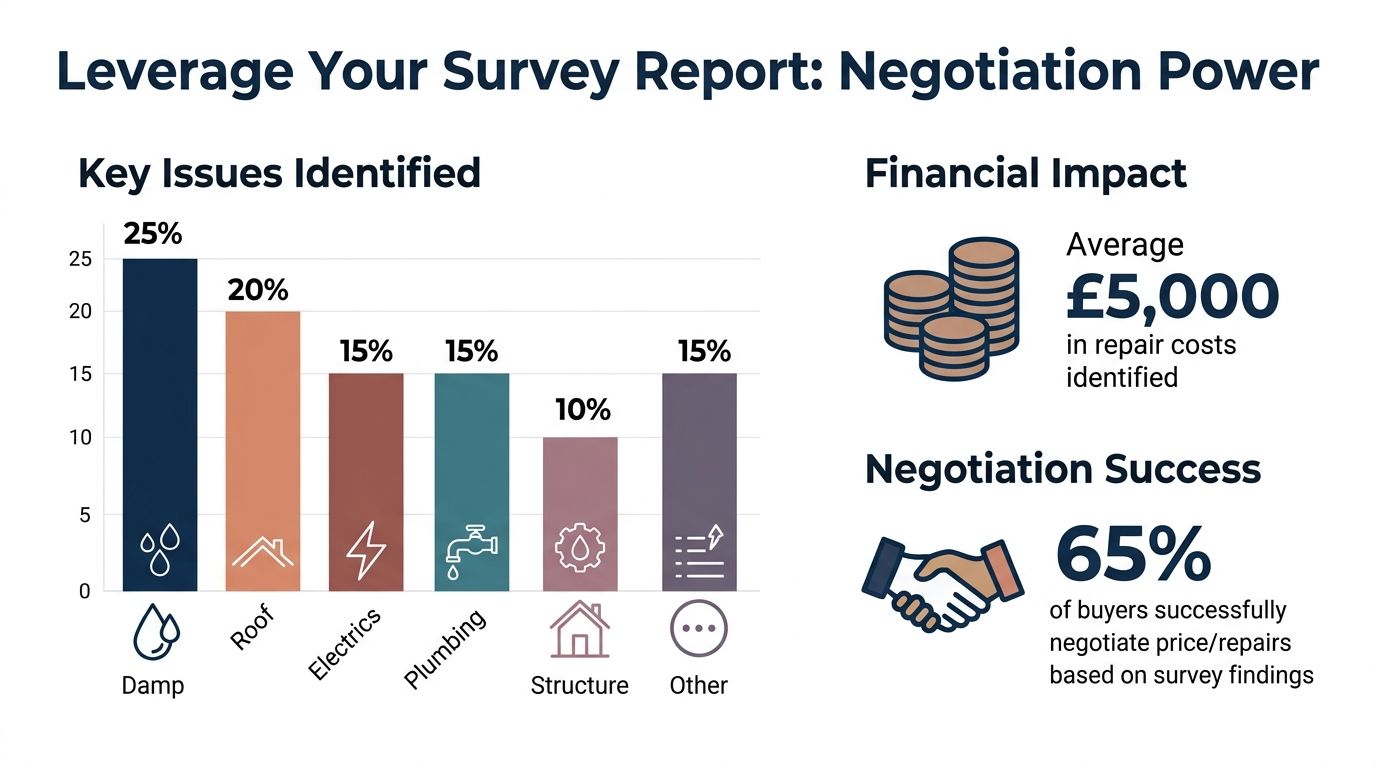 Bar chart showing property survey issues like damp, roof, and plumbing, alongside financial and negotiation statistics.