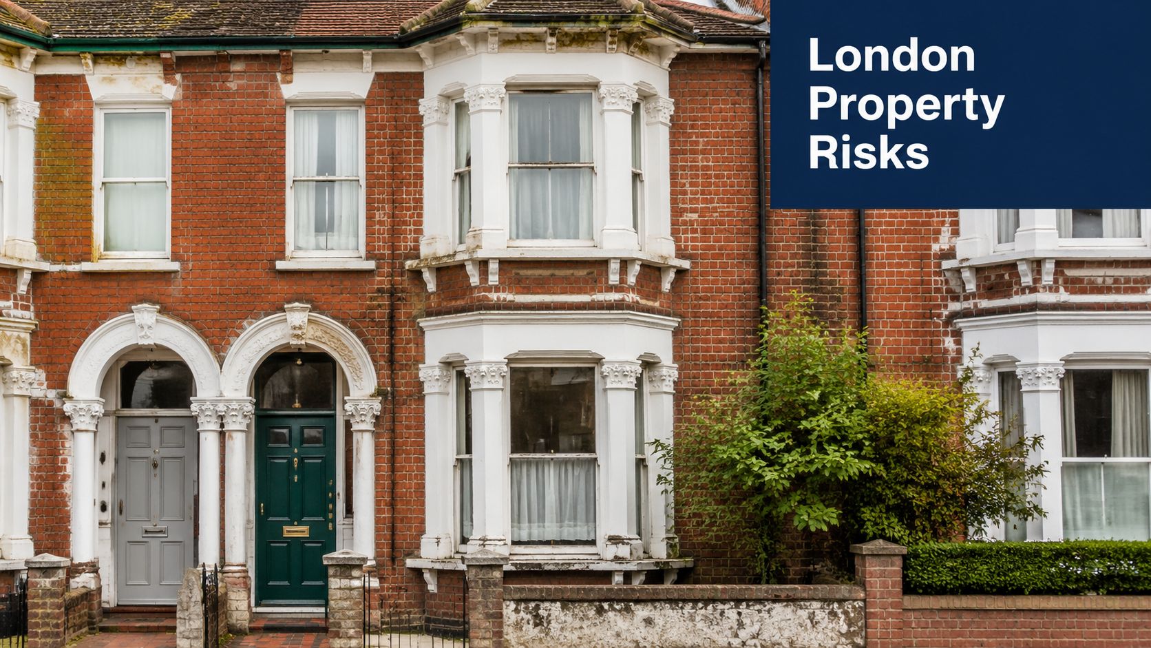 A row of classic Victorian terraced houses in London with red brick facades and white window frames.