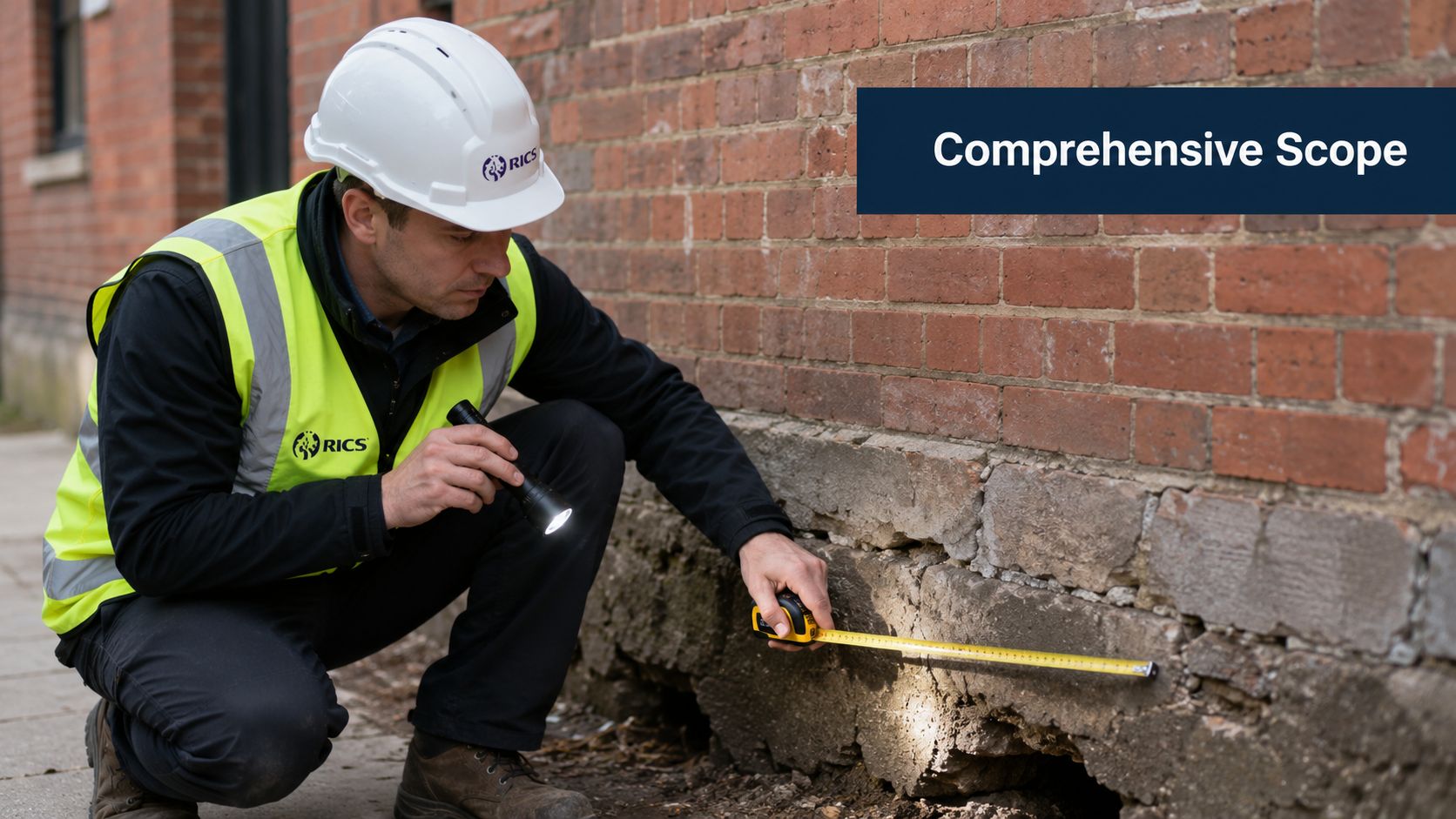 A professional building surveyor wearing a helmet and high-visibility vest inspects a cracked wall foundation.