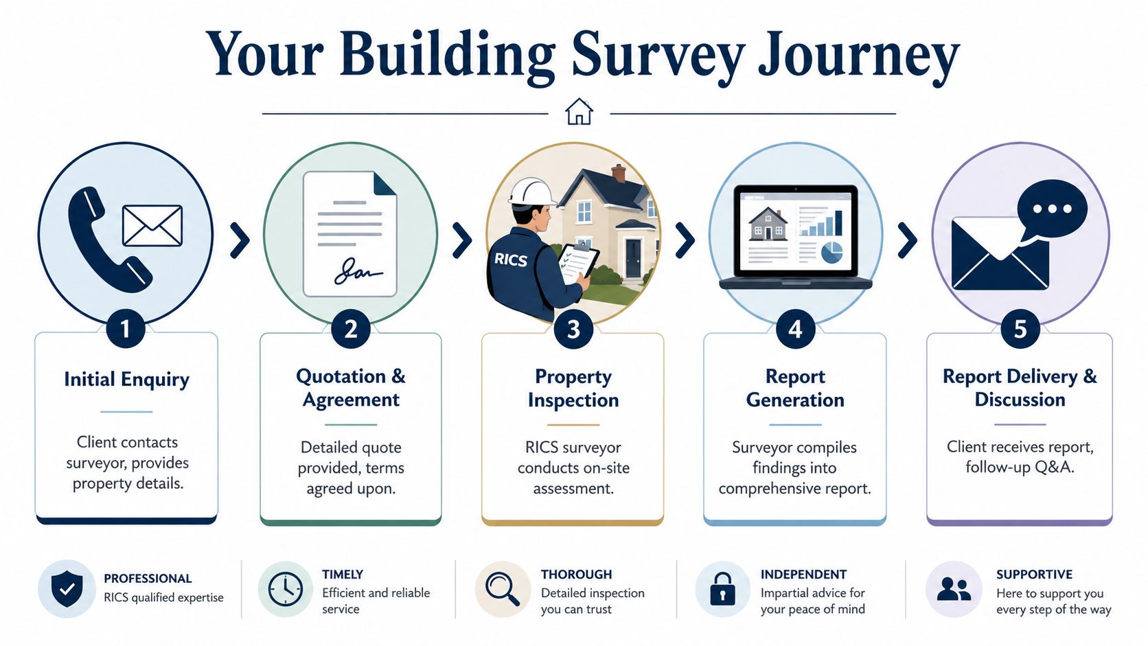 A five-step infographic showing the professional process of a building survey journey from enquiry to final report.