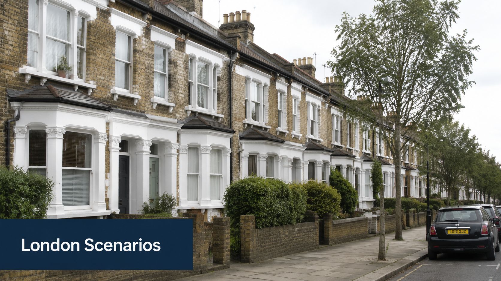 A quiet residential street in London featuring rows of traditional Victorian terraced brick houses with bay windows.