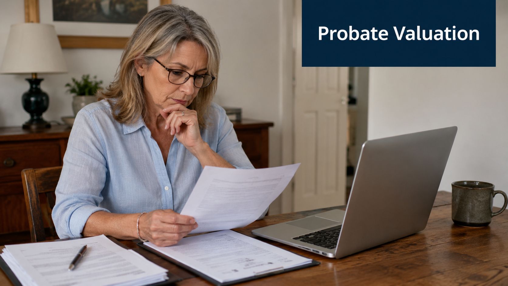 A woman reviewing documents related to a probate valuation while working at her home office desk.