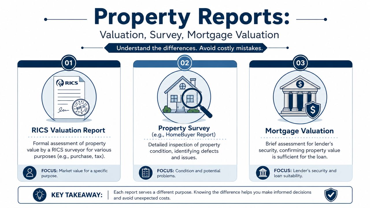 An infographic illustrating the differences between RICS valuation reports, property surveys, and mortgage valuation reports for homebuyers.