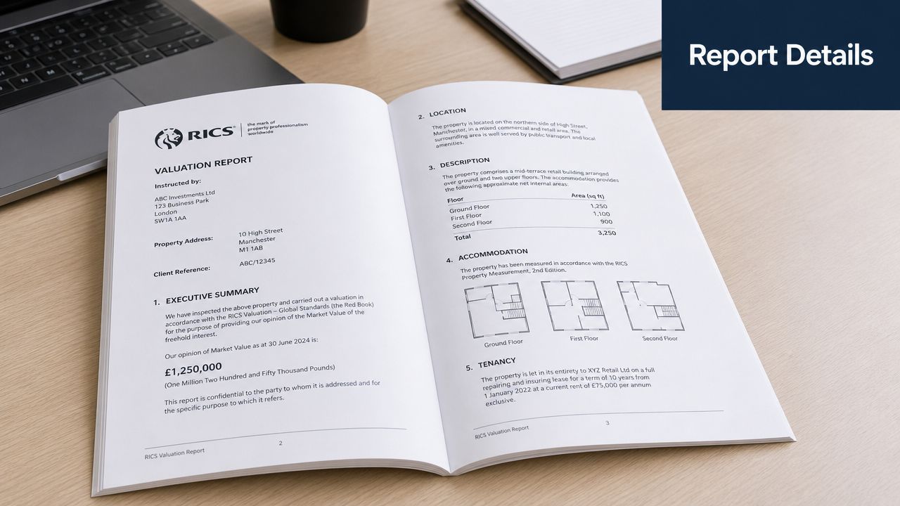 An open RICS valuation report document displayed on a desk next to a laptop computer.