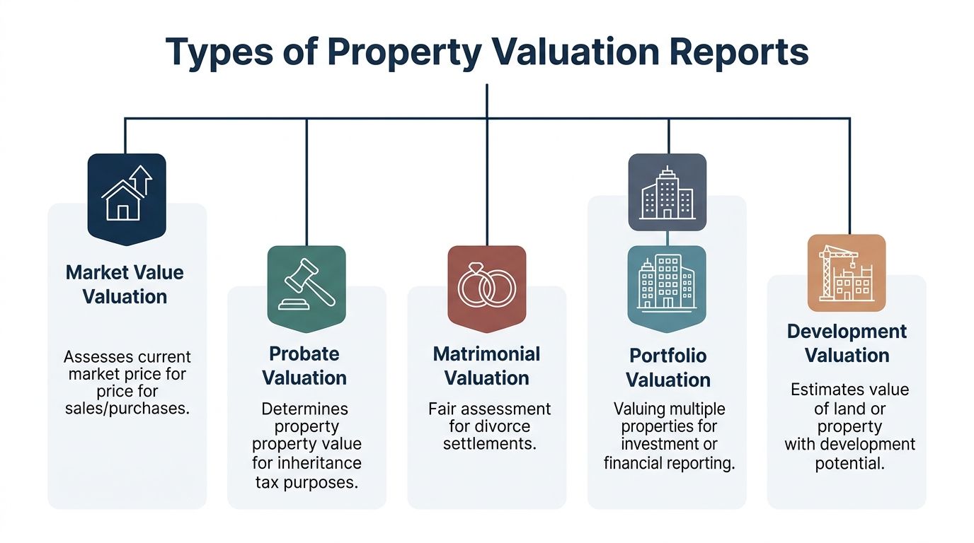 A diagram illustrating five different types of property valuation reports used for various professional and personal purposes.
