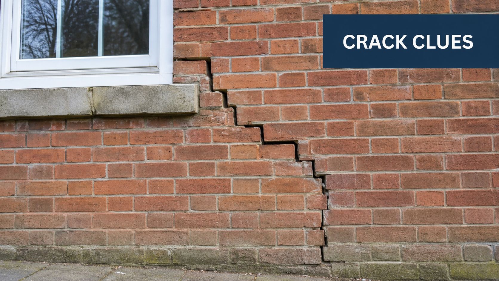 A large structural stepped crack running through the red brick wall beneath a residential window frame.