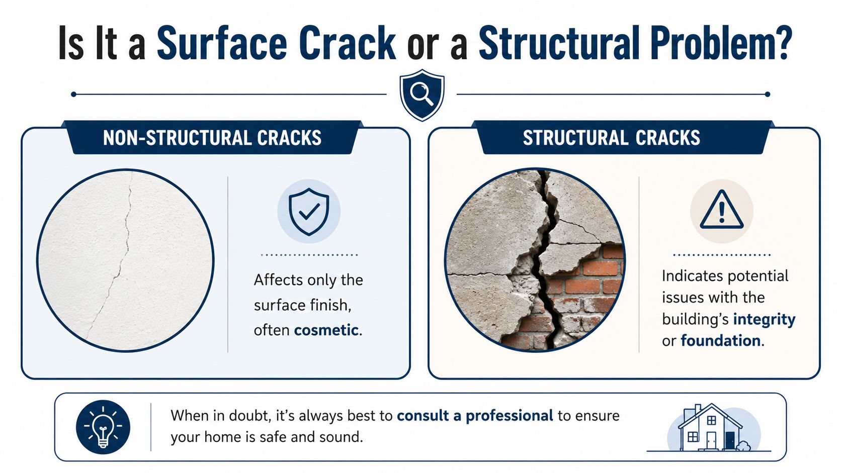 An infographic distinguishing between non-structural surface cracks and serious structural cracks in building walls.