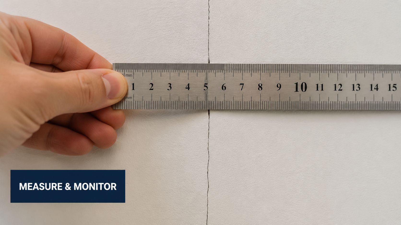 A close-up view of a metal ruler measuring a vertical crack on a white wall.