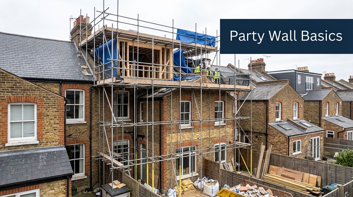 Rear view of a residential brick house undergoing loft renovation with scaffolding and a blue tarp.