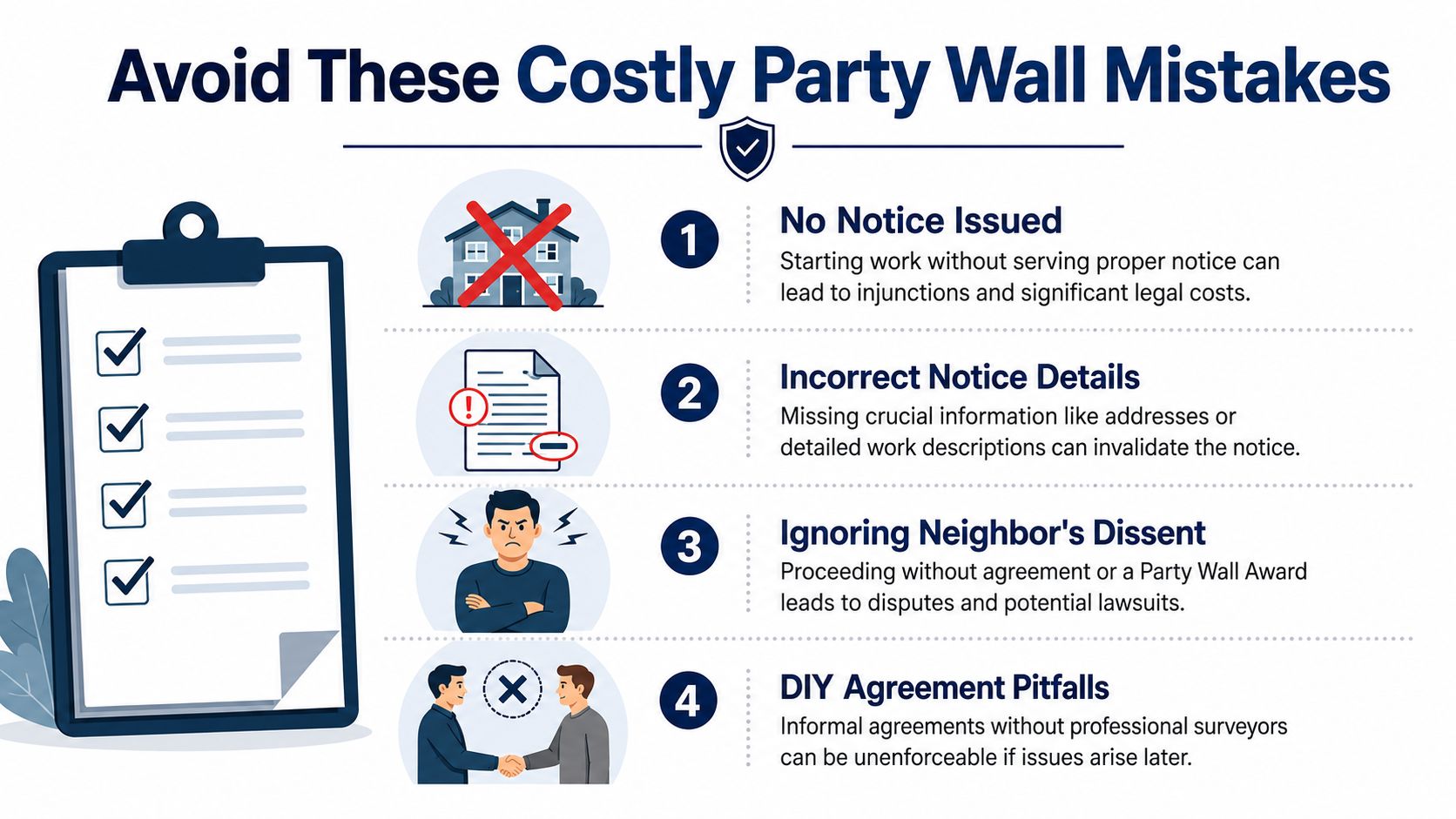An infographic detailing four common and costly mistakes to avoid when managing party wall agreements.