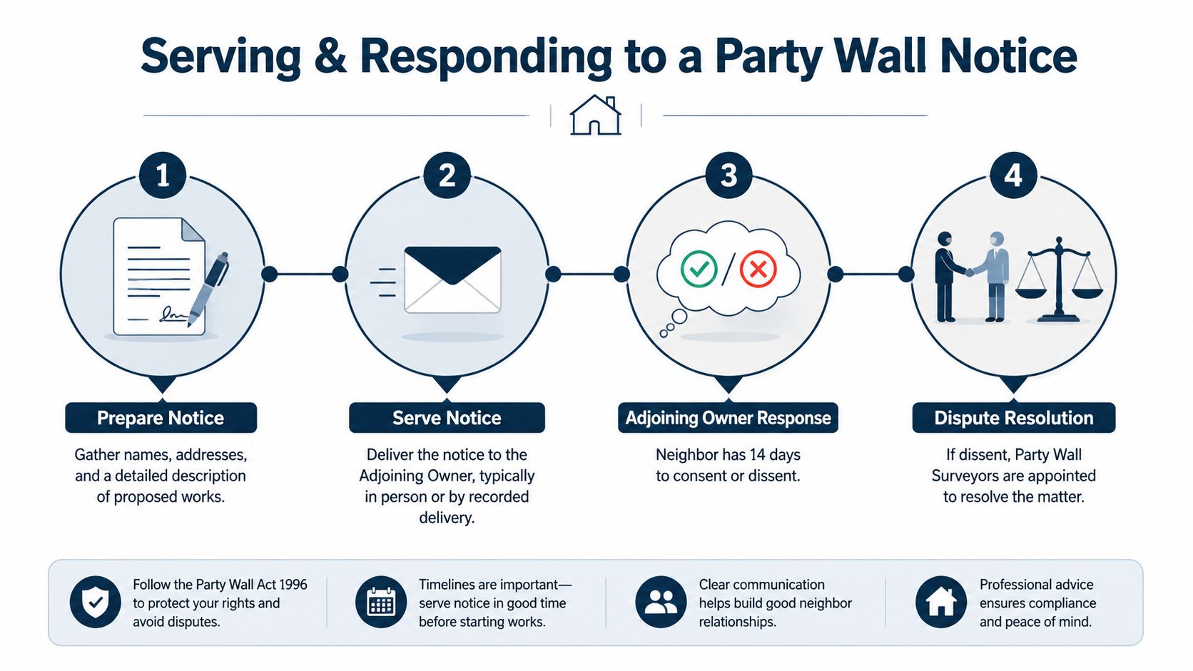 A four-step infographic illustrating the process of serving and responding to a party wall notice.