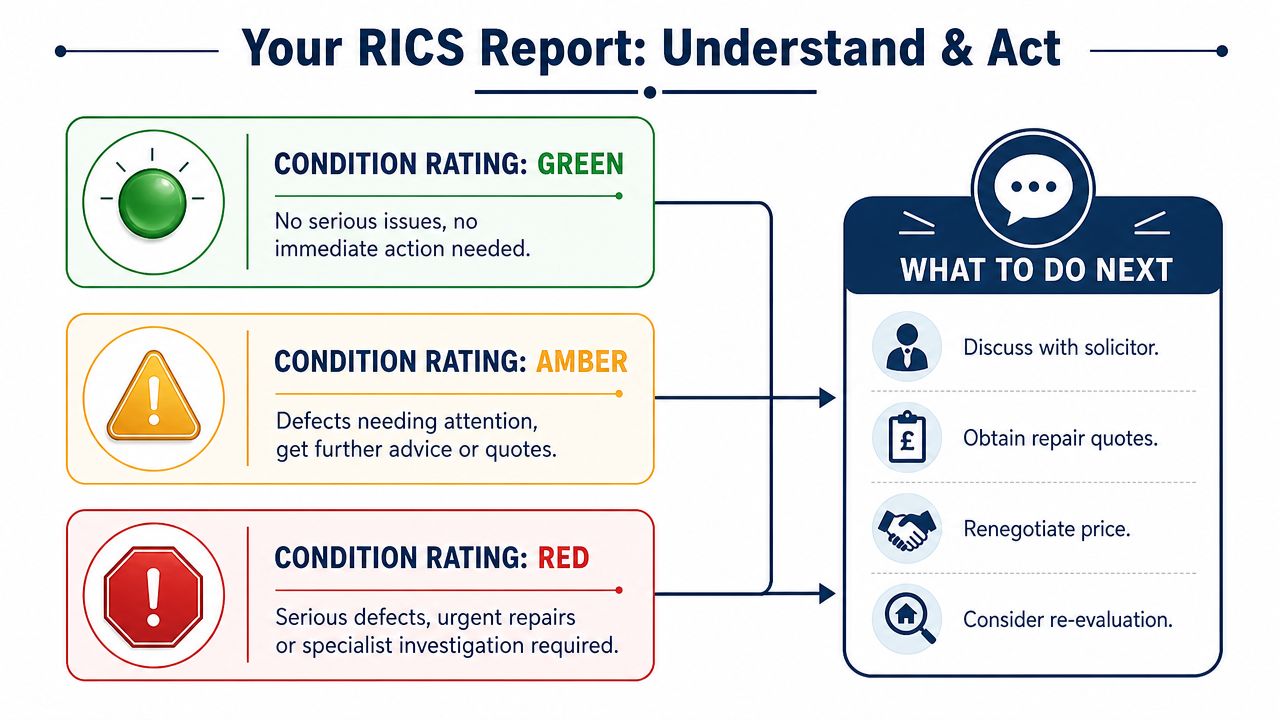 A diagram explaining RICS survey condition ratings showing green, amber, and red categories and recommended next steps.