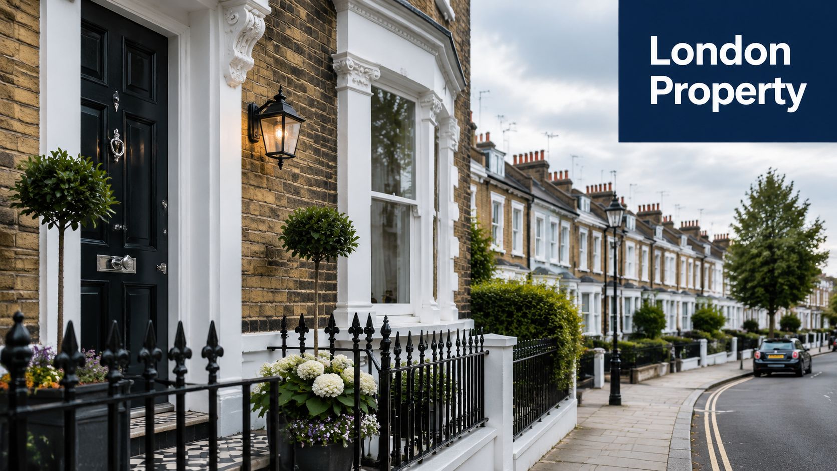 A scenic street in London with traditional brick terraced houses and classic wrought iron fences.