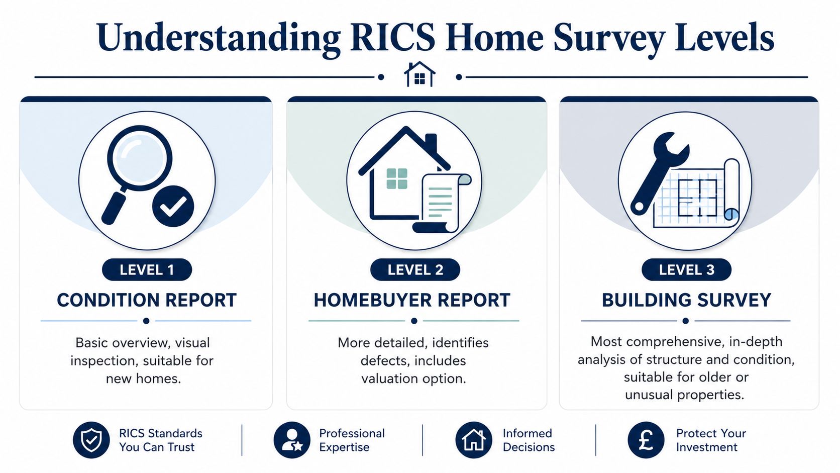 An infographic detailing the three levels of RICS home surveys, including condition reports, homebuyer reports, and building surveys.