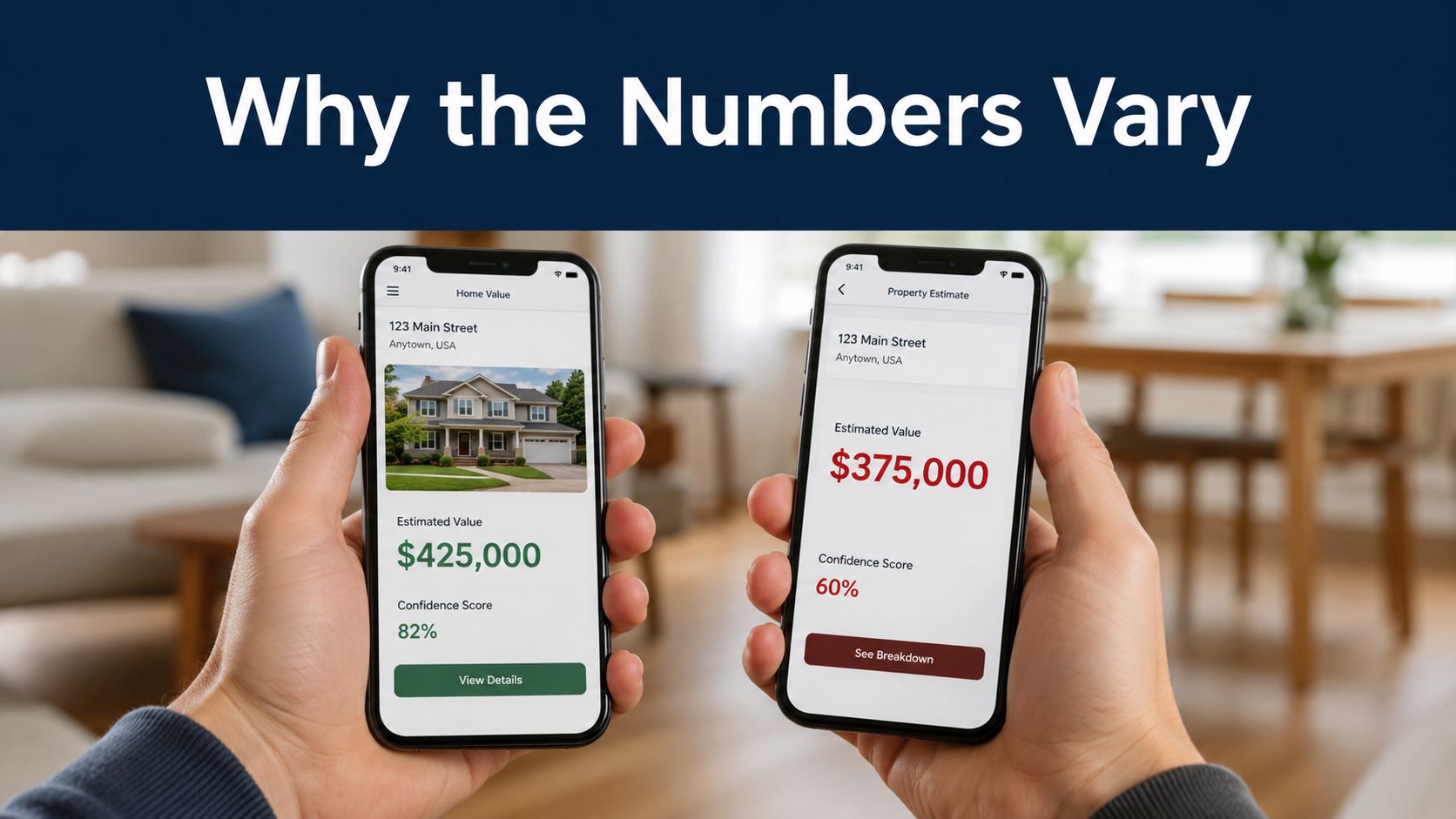 Two hands holding smartphones displaying different home valuation estimates for the same address, highlighting appraisal variances.