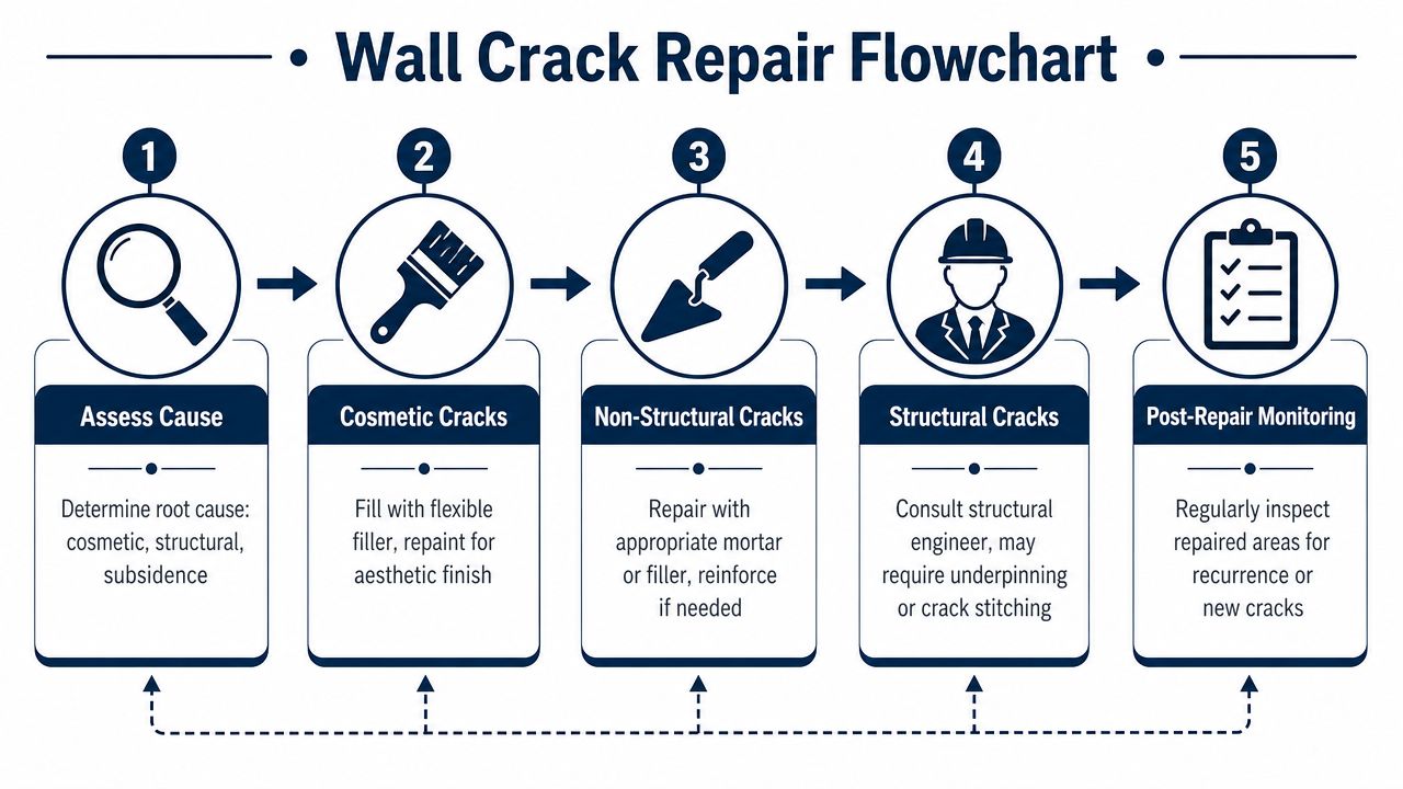 A five-step flowchart illustrating the professional process for identifying and repairing cracks in house walls.