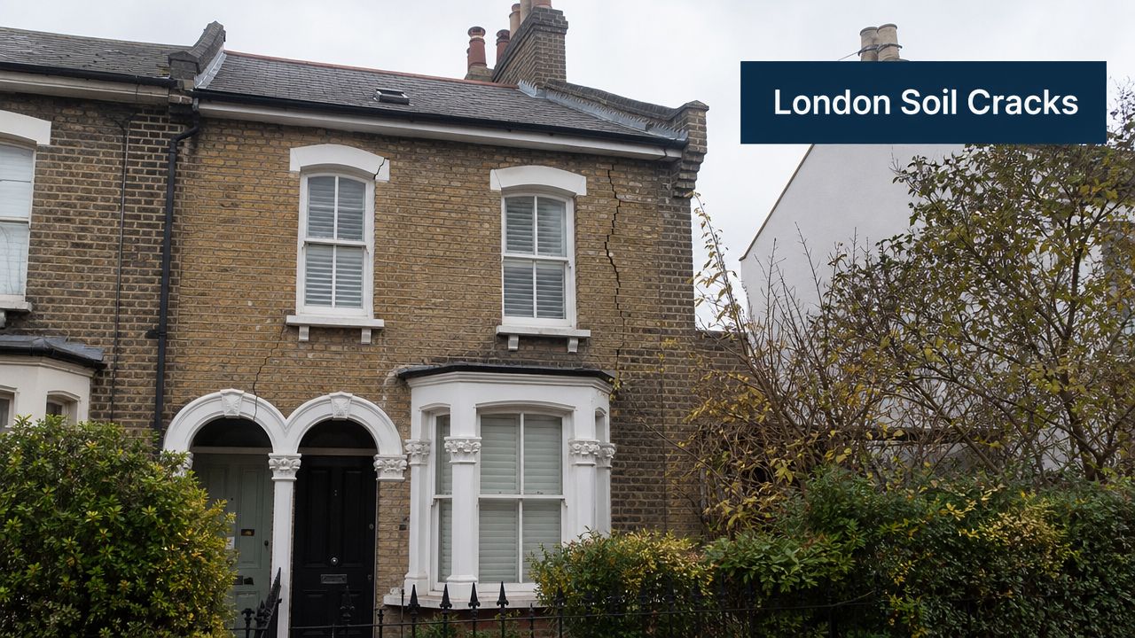 A brick Victorian terraced house in London showing significant structural cracks in the exterior masonry walls.