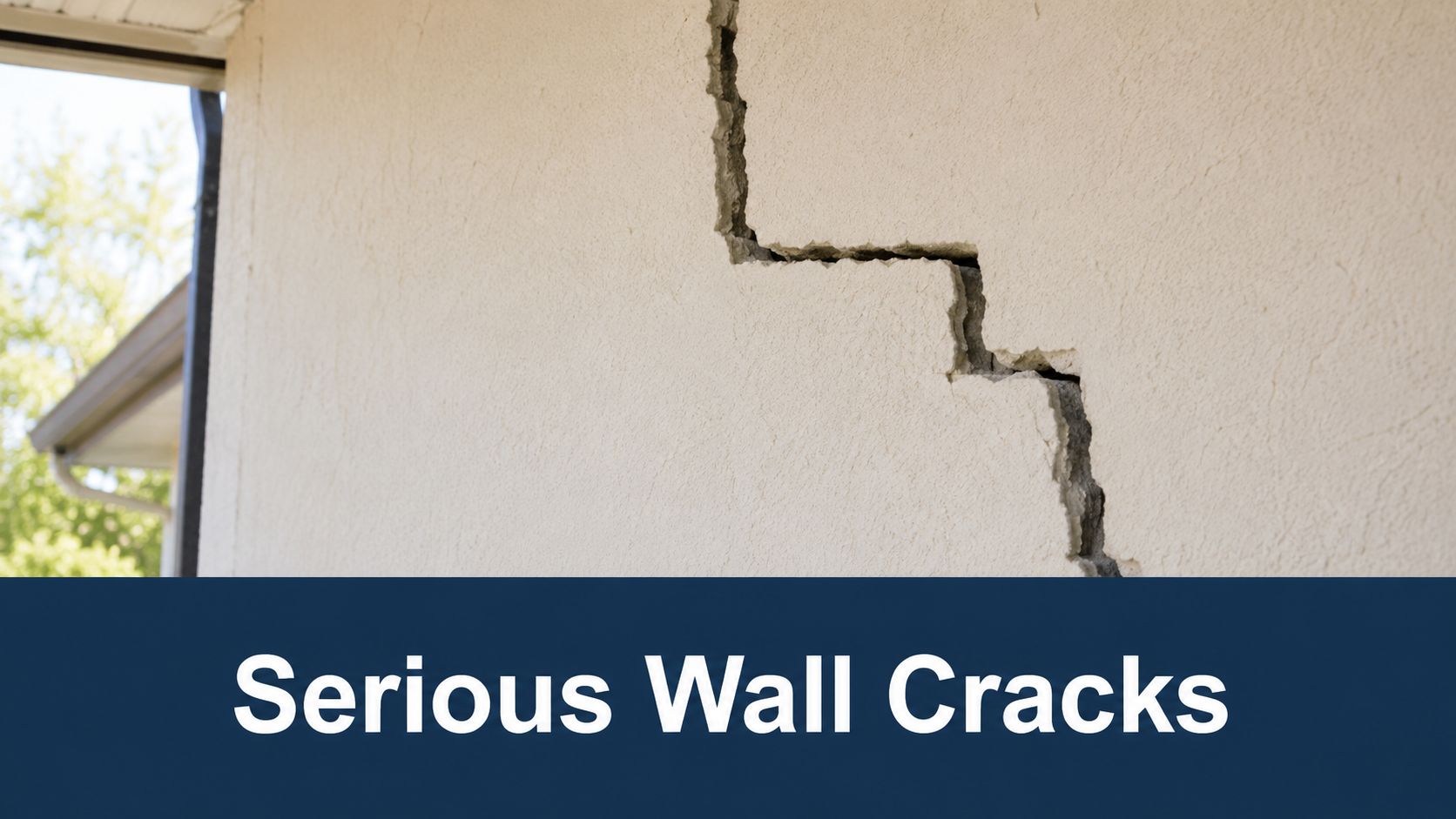 A close-up view of a large stair-step crack in a house's exterior stucco wall.