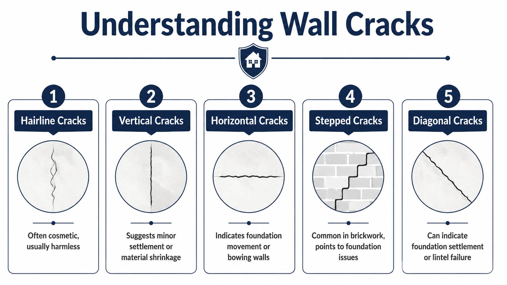 An infographic titled Understanding Wall Cracks displaying five common types of cracks and their potential structural causes.