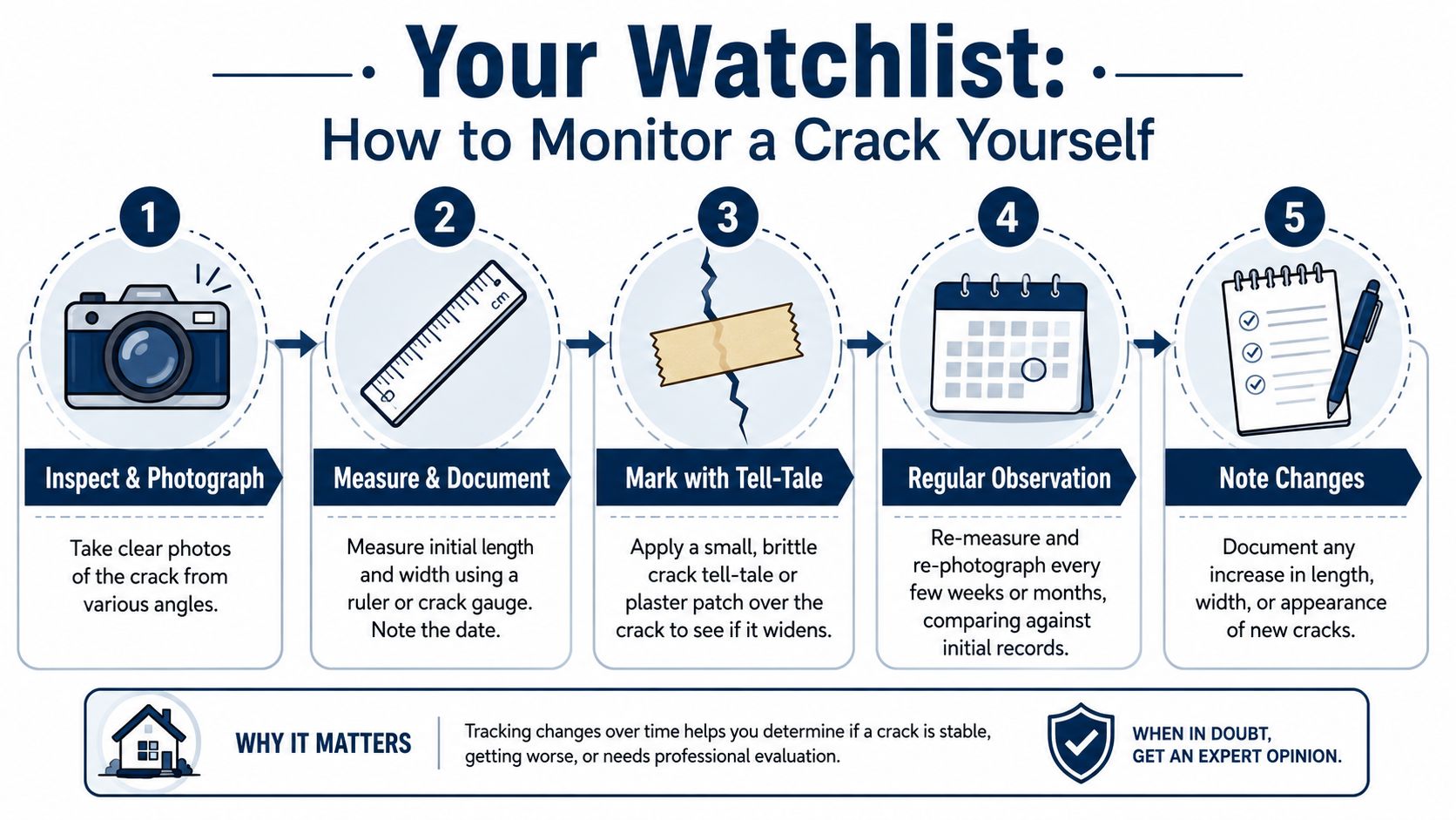An infographic showing a five-step guide on how to monitor and document cracks in house walls.