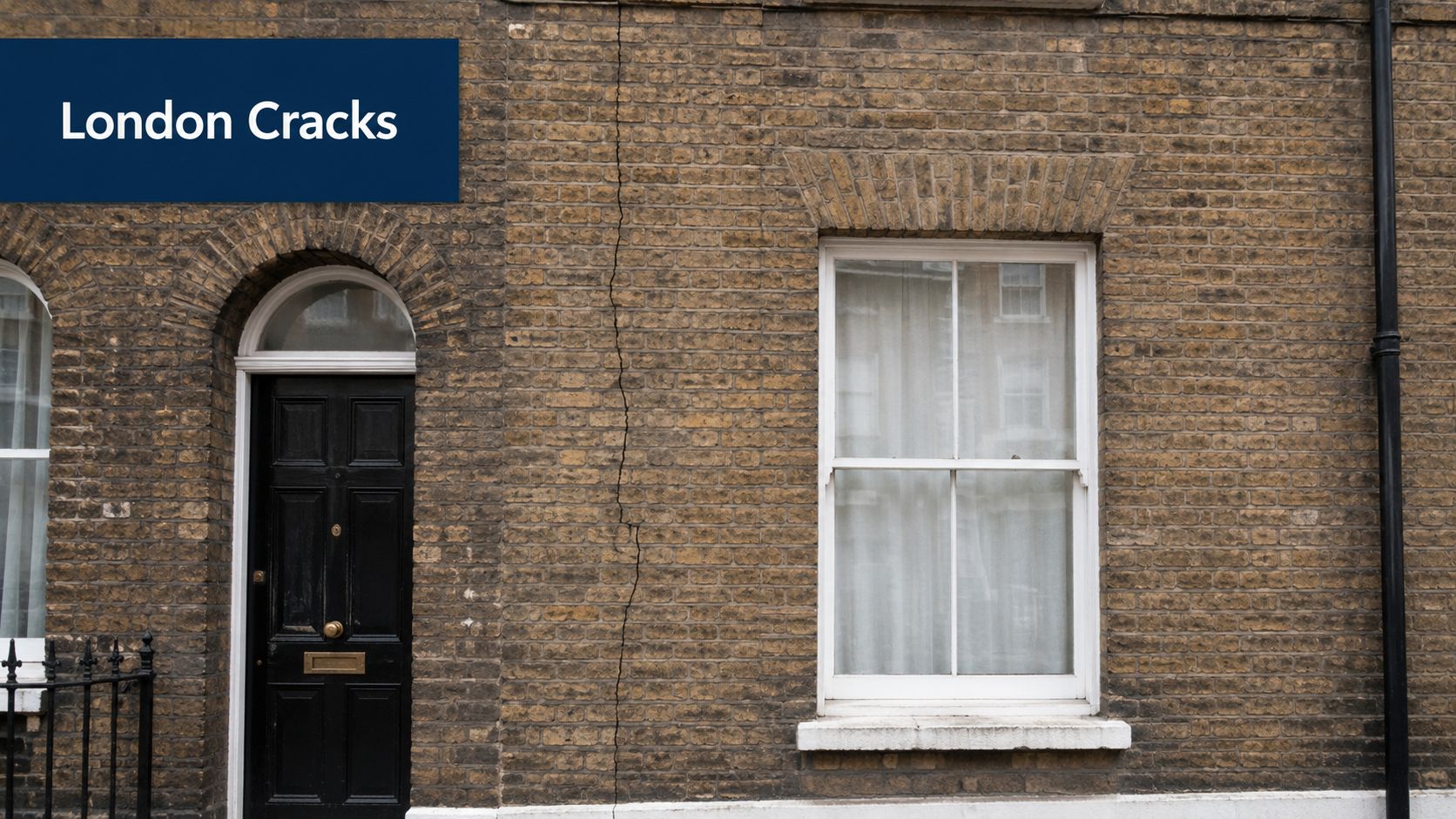 A vertical structural crack visible in the yellow brick exterior wall between a door and window.