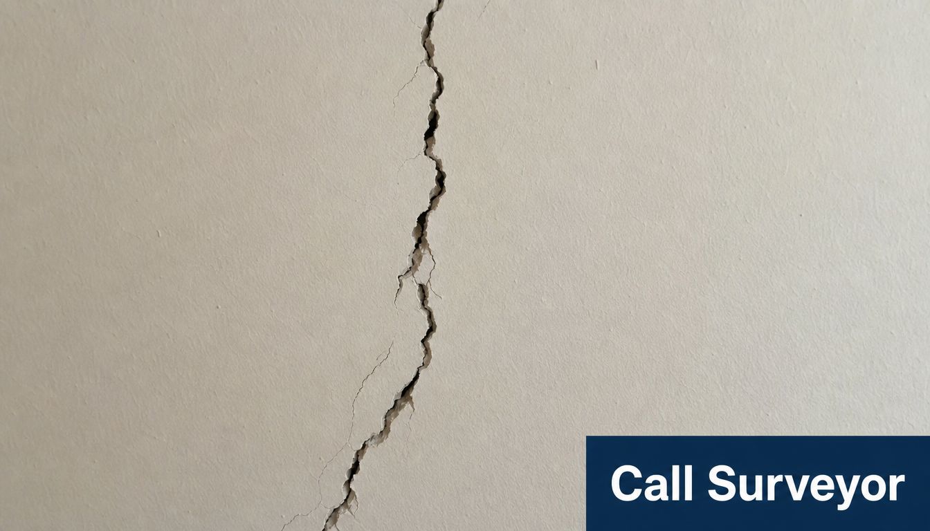 A close up view of a vertical structural crack in a beige painted interior house wall.
