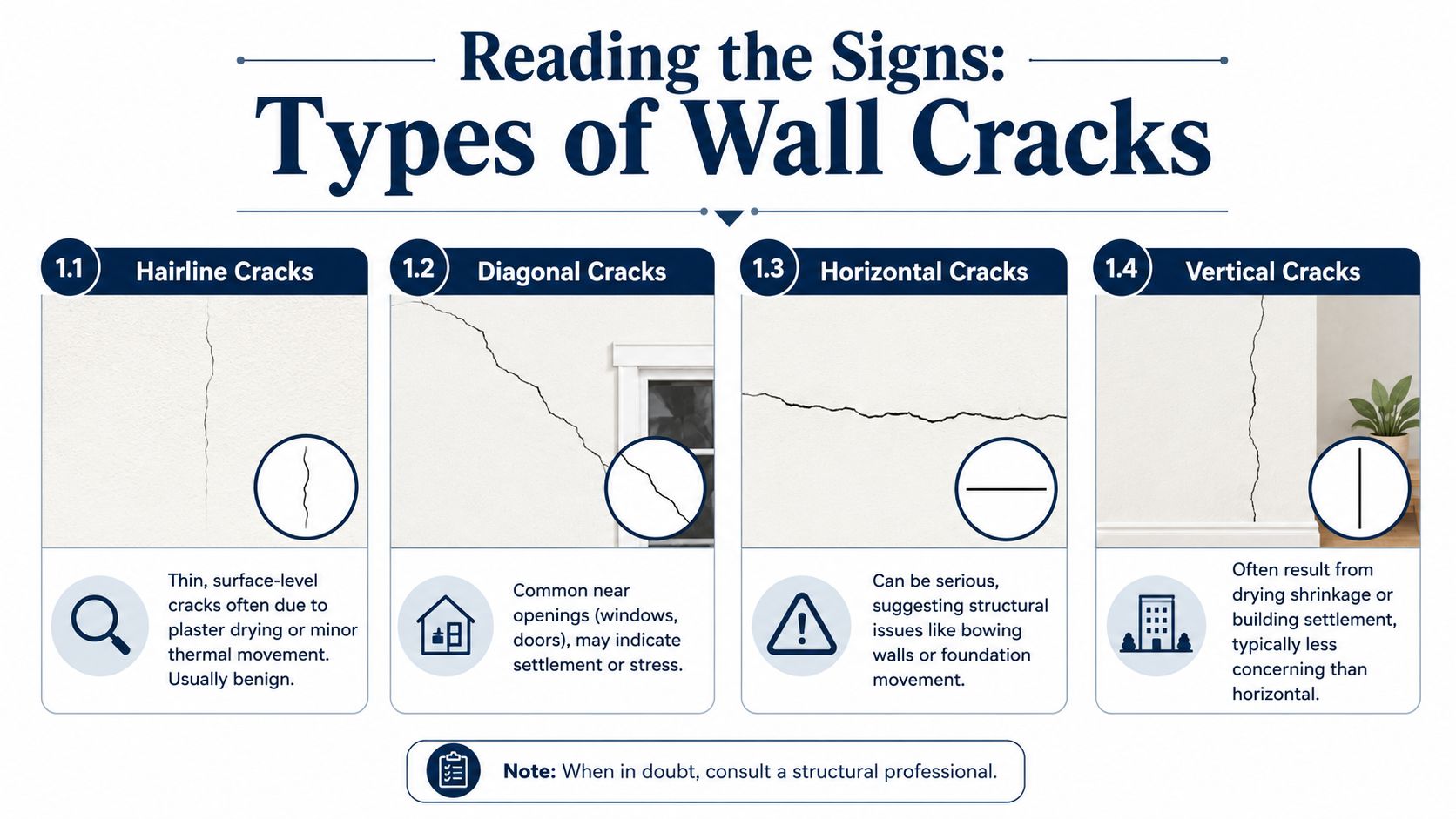 An infographic illustrating four types of wall cracks with descriptions of their causes and potential severity.