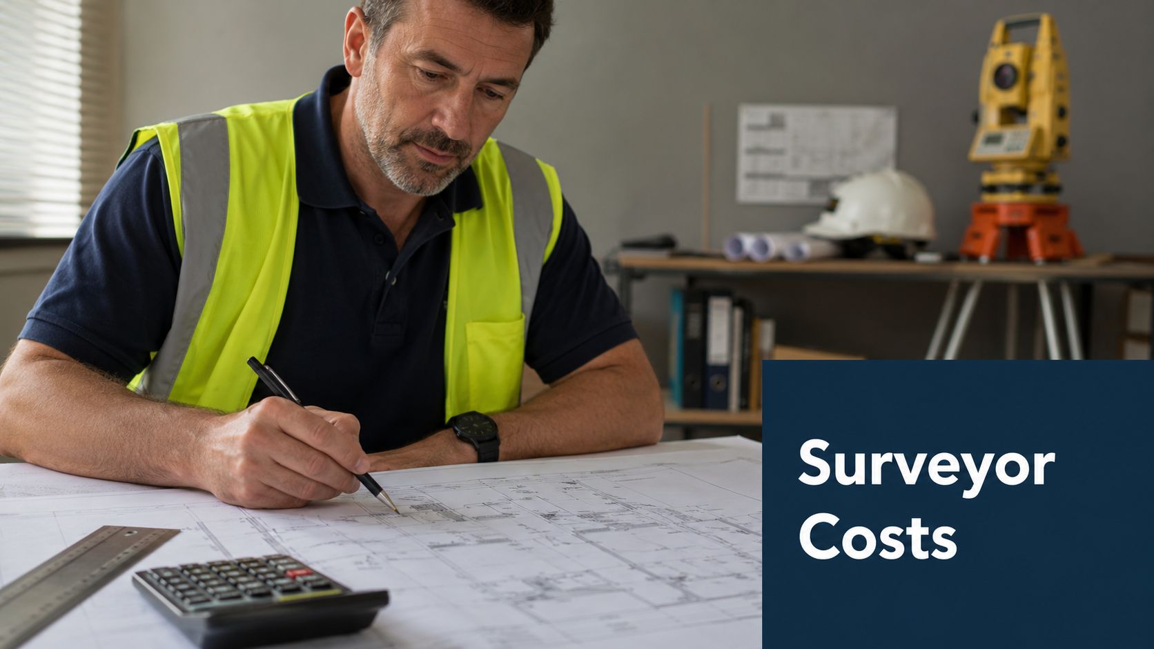 A land surveyor working on construction blueprints at a desk with a calculator and surveying equipment.