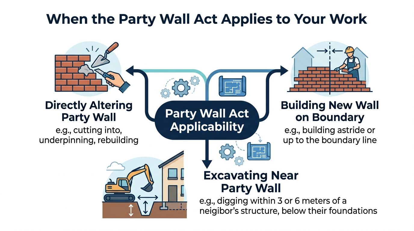 A diagram explaining three common scenarios where the Party Wall Act applies during home construction projects.