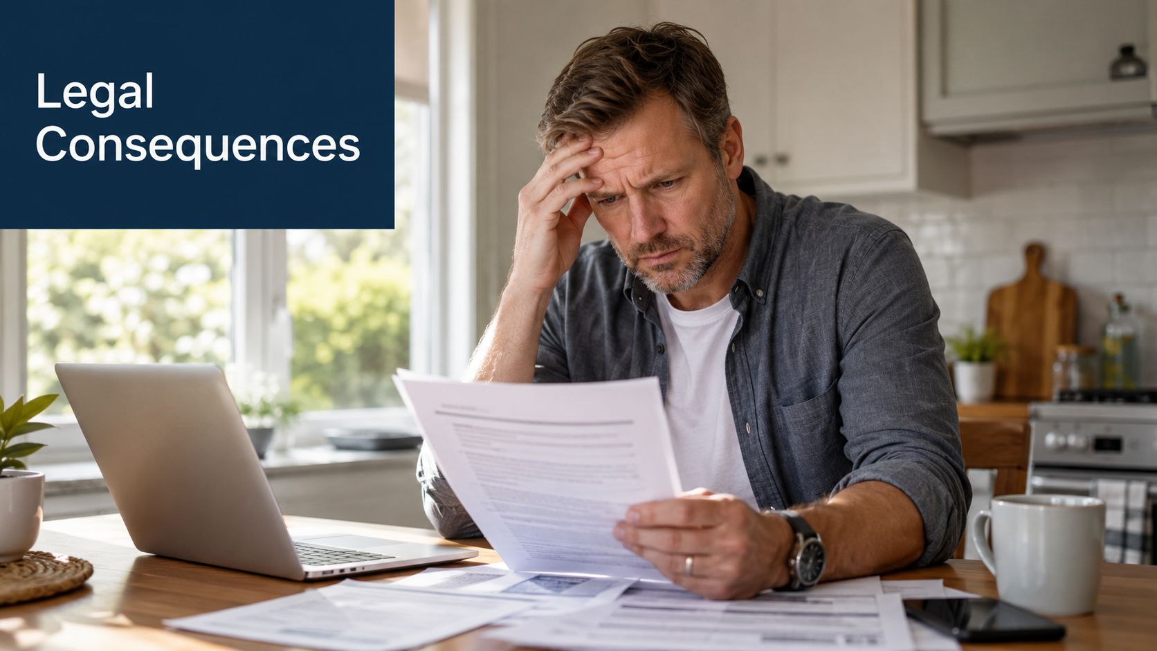 A concerned man sitting at a table with documents and a laptop, appearing stressed over paperwork.