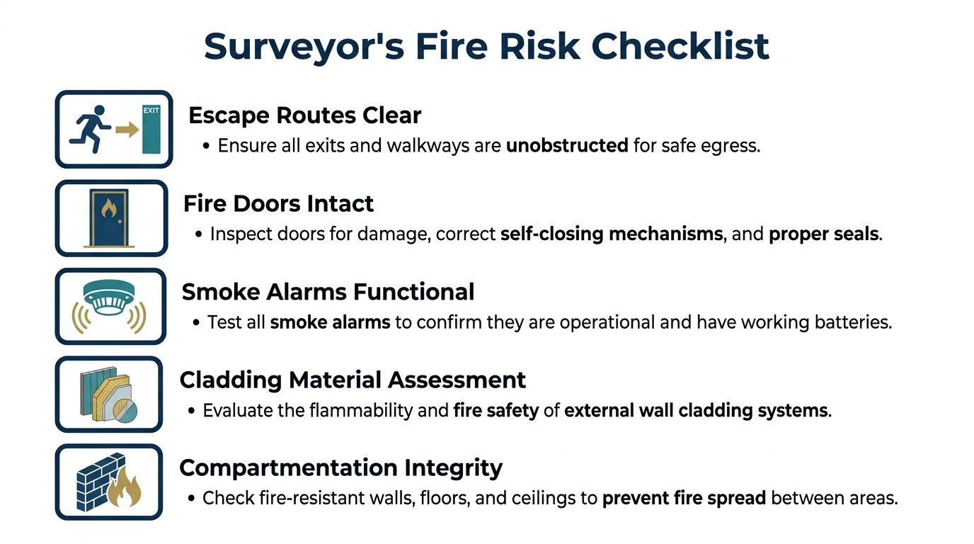 A surveyor's fire risk checklist infographic outlining key safety measures like escape routes, fire doors, and alarms.