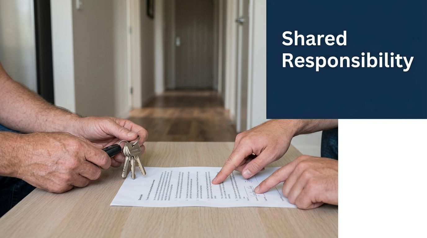 A person handing keys to another person while signing a legal document on a wooden table.