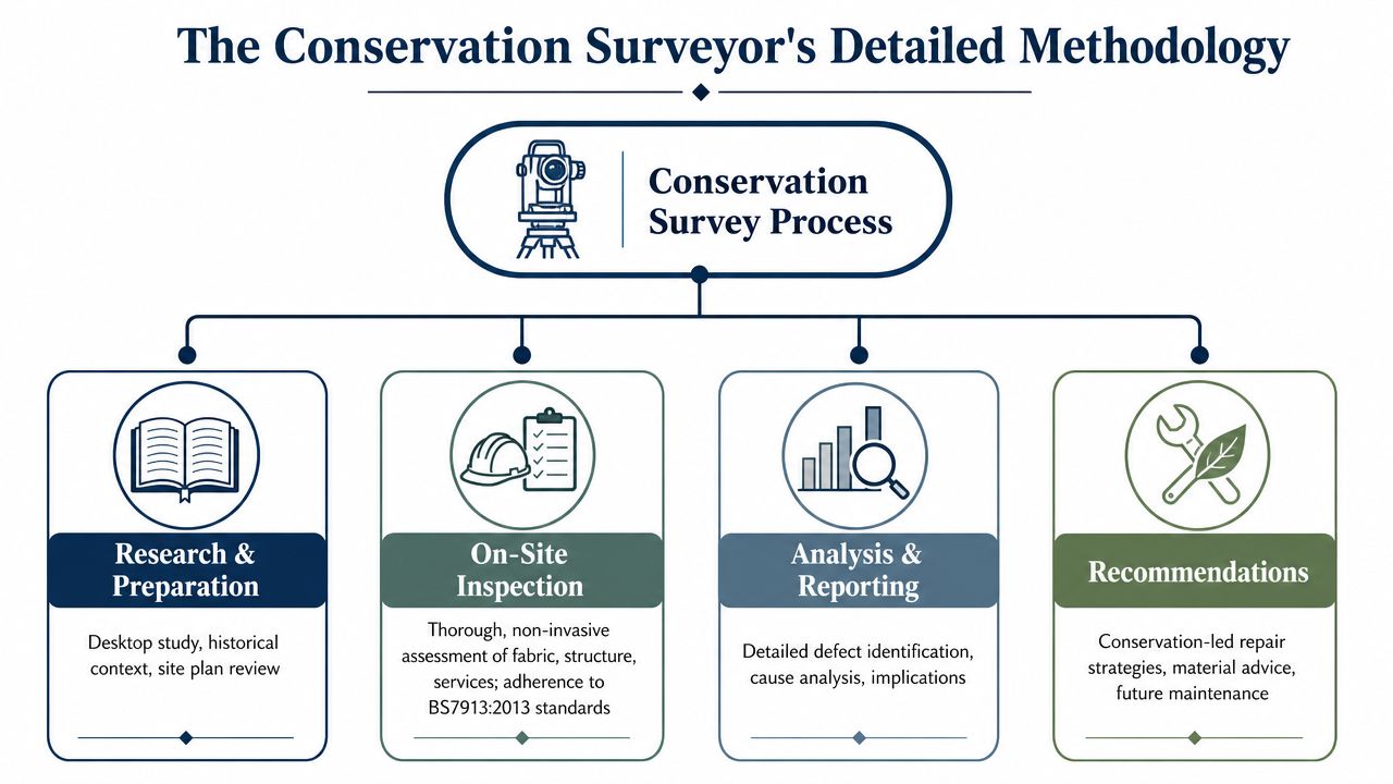 A flowchart detailing the four stages of a professional conservation survey process for historic buildings.