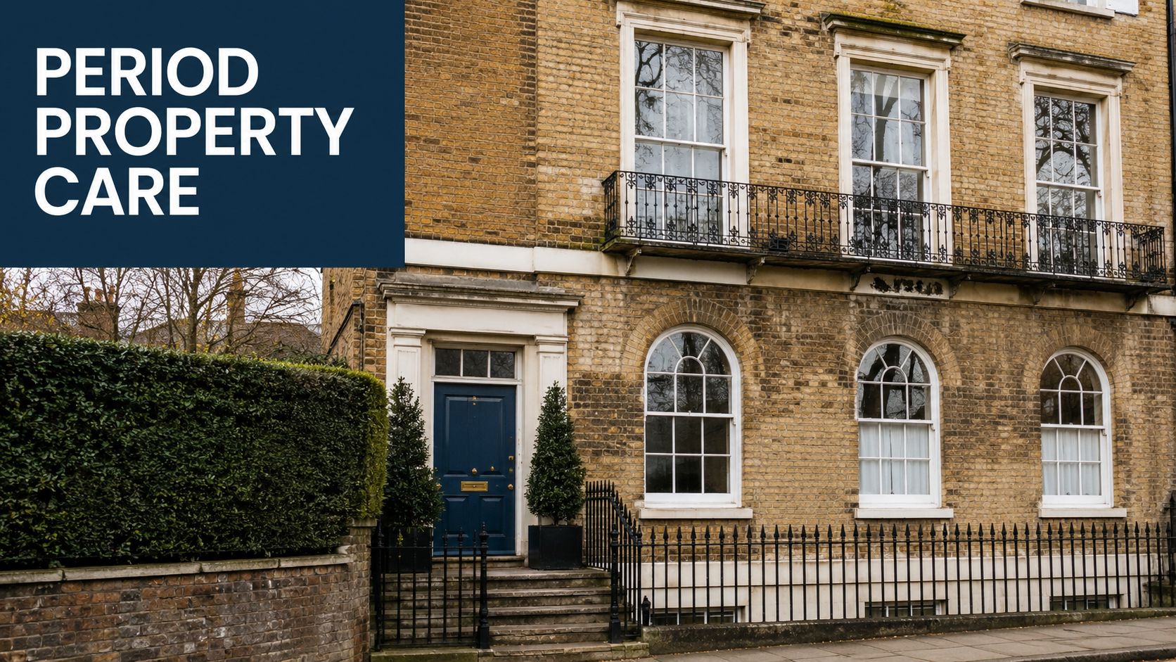 An elegant yellow brick Georgian townhouse in London featuring a blue front door and iron balcony railings.