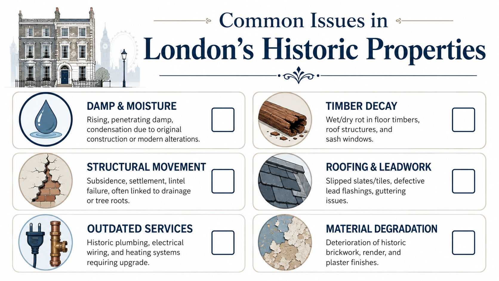 An infographic titled Common Issues in London's Historic Properties displaying common building maintenance and repair problems.