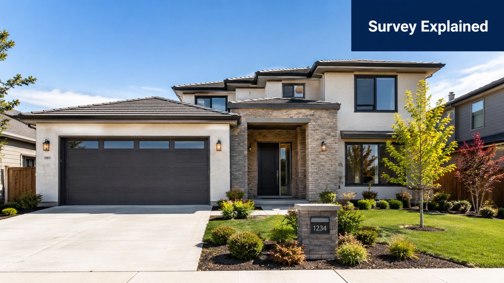 A beautiful modern two-story suburban house with a paved driveway, stone accents, and a well-maintained front yard.