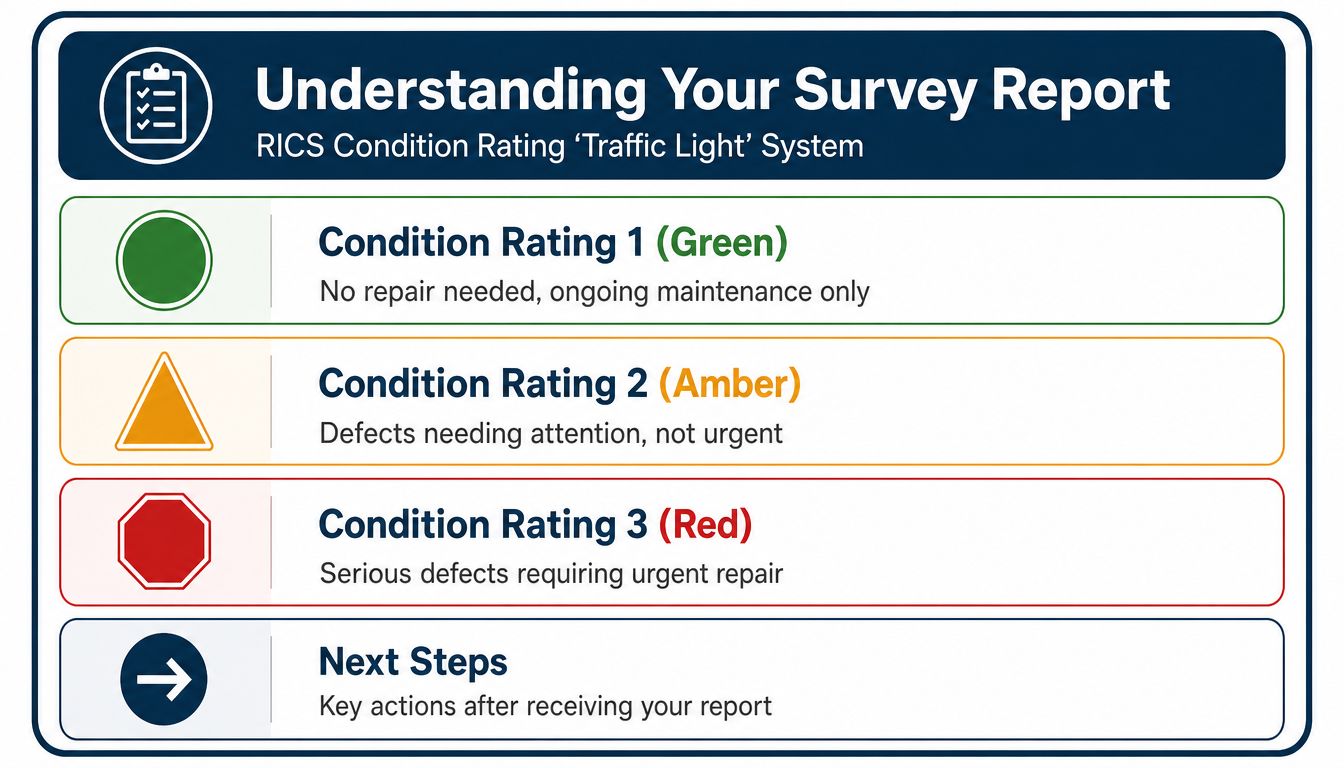 A guide explaining the RICS condition rating traffic light system for property survey reports with color-coded meanings.