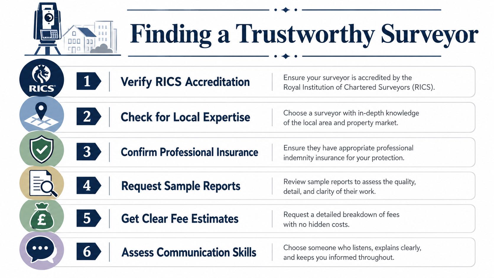 An infographic titled Finding a Trustworthy Surveyor listing six essential steps for choosing a property surveyor.