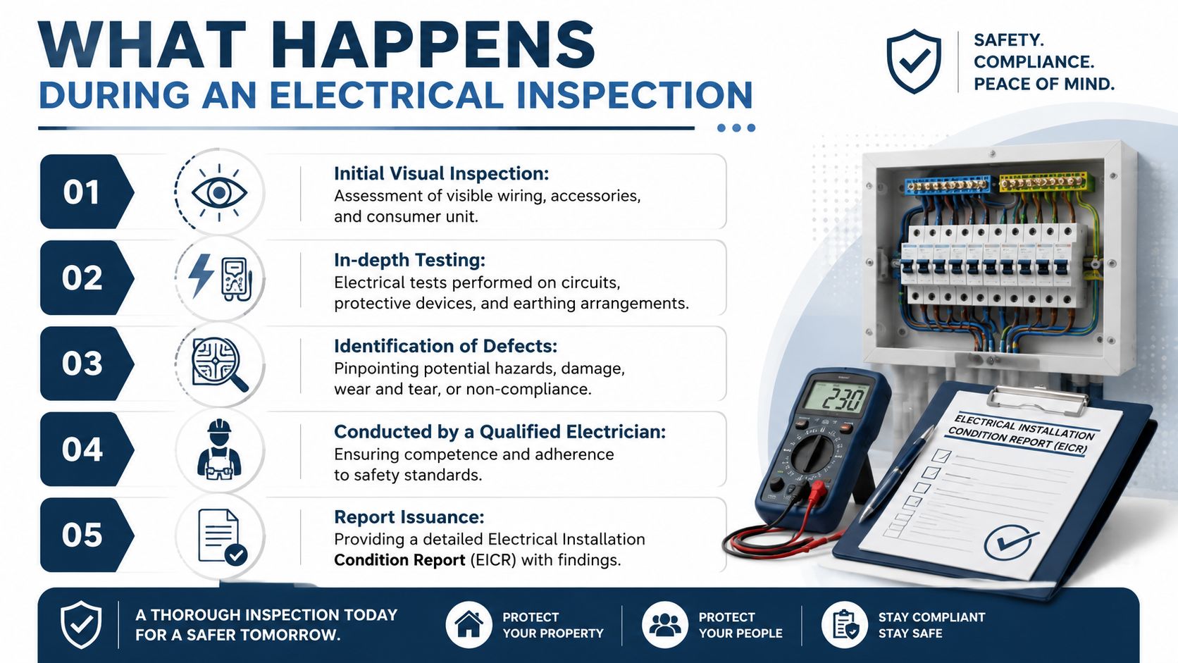 An infographic showing the five steps of an electrical inspection and a professional testing report.