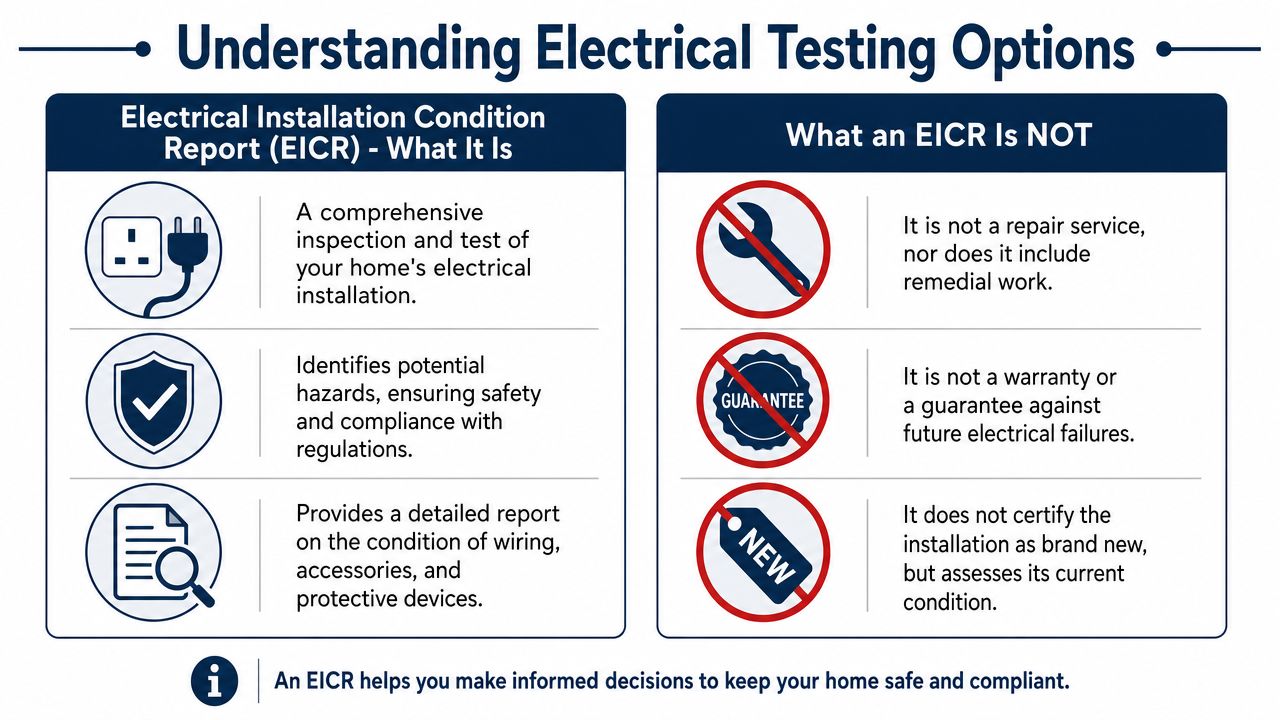 An infographic explaining the purpose of an Electrical Installation Condition Report for residential home safety and compliance.
