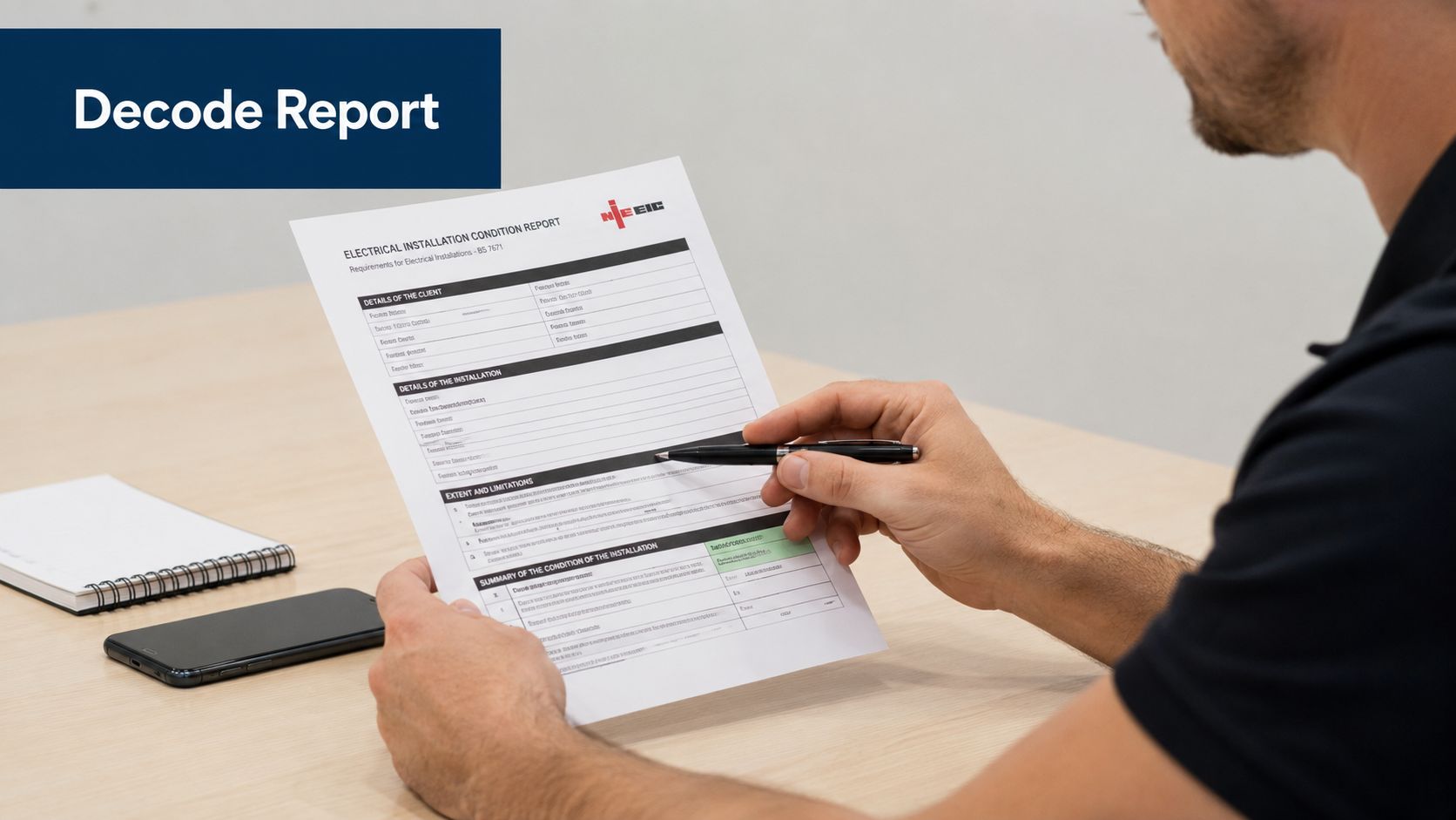 A professional electrician reviewing an electrical installation condition report form at a desk with a pen.